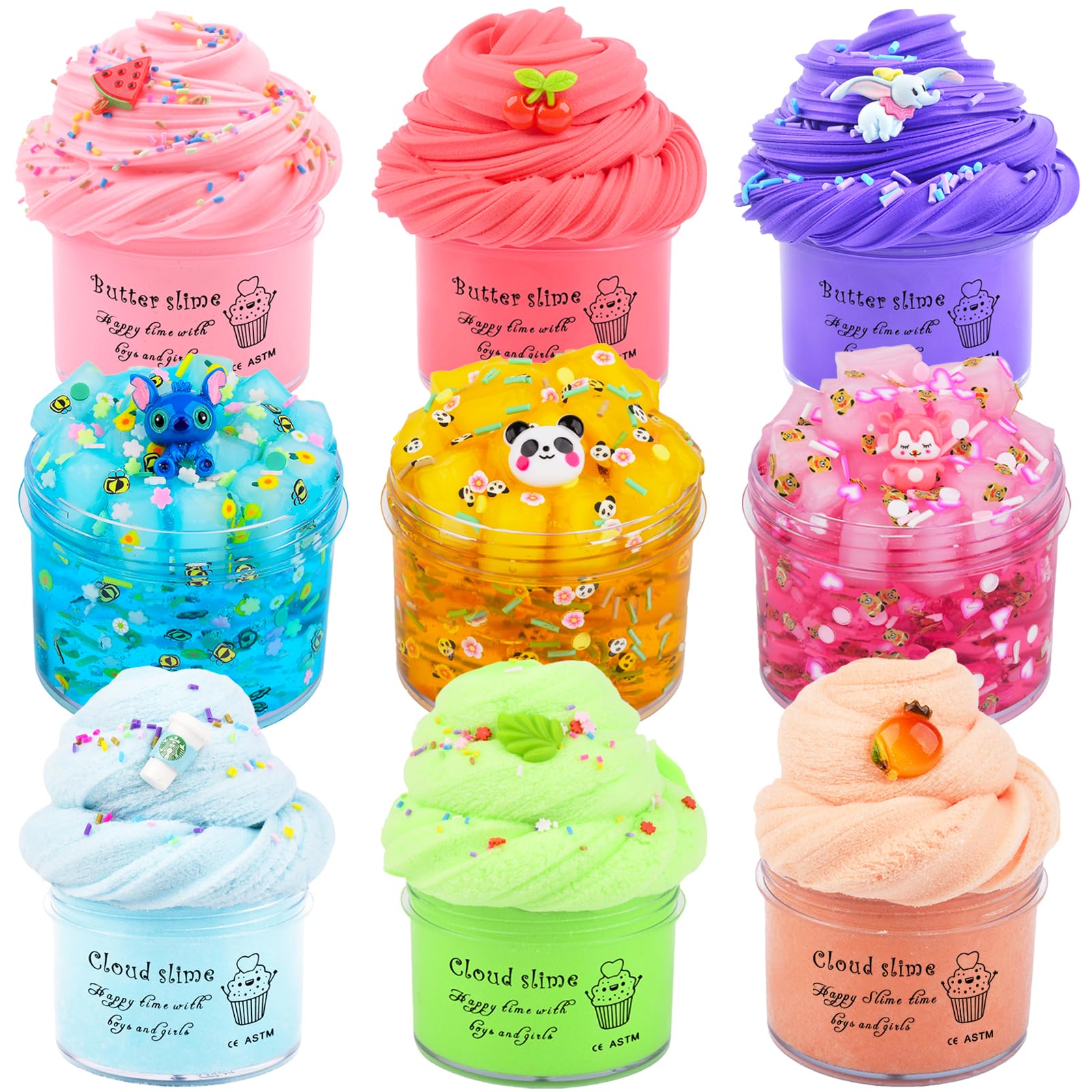 Slime Kit 9 Pack, with 3 Jelly Cube Crunchy Slime and 3 Cloud Slime and 3 Butter Slime, DIY Slime Kit, Soft and Non-Sticky for Girls Boys Party Gift, Cute Stress Kids Relief Toys, Classroom Gifts