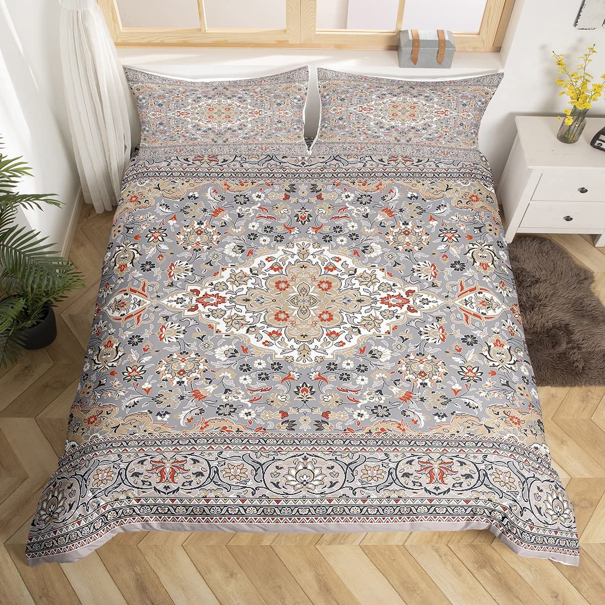 Homewish Boys Multi 14 Duvet Cover Super King Boho Exotic Bedding Set Retro Grey Orange Floral Bohemian Tribal Comforter Cover Vintage Antique Damask Medallion Egyptian Quilt Cover With 2 Pillow Cases