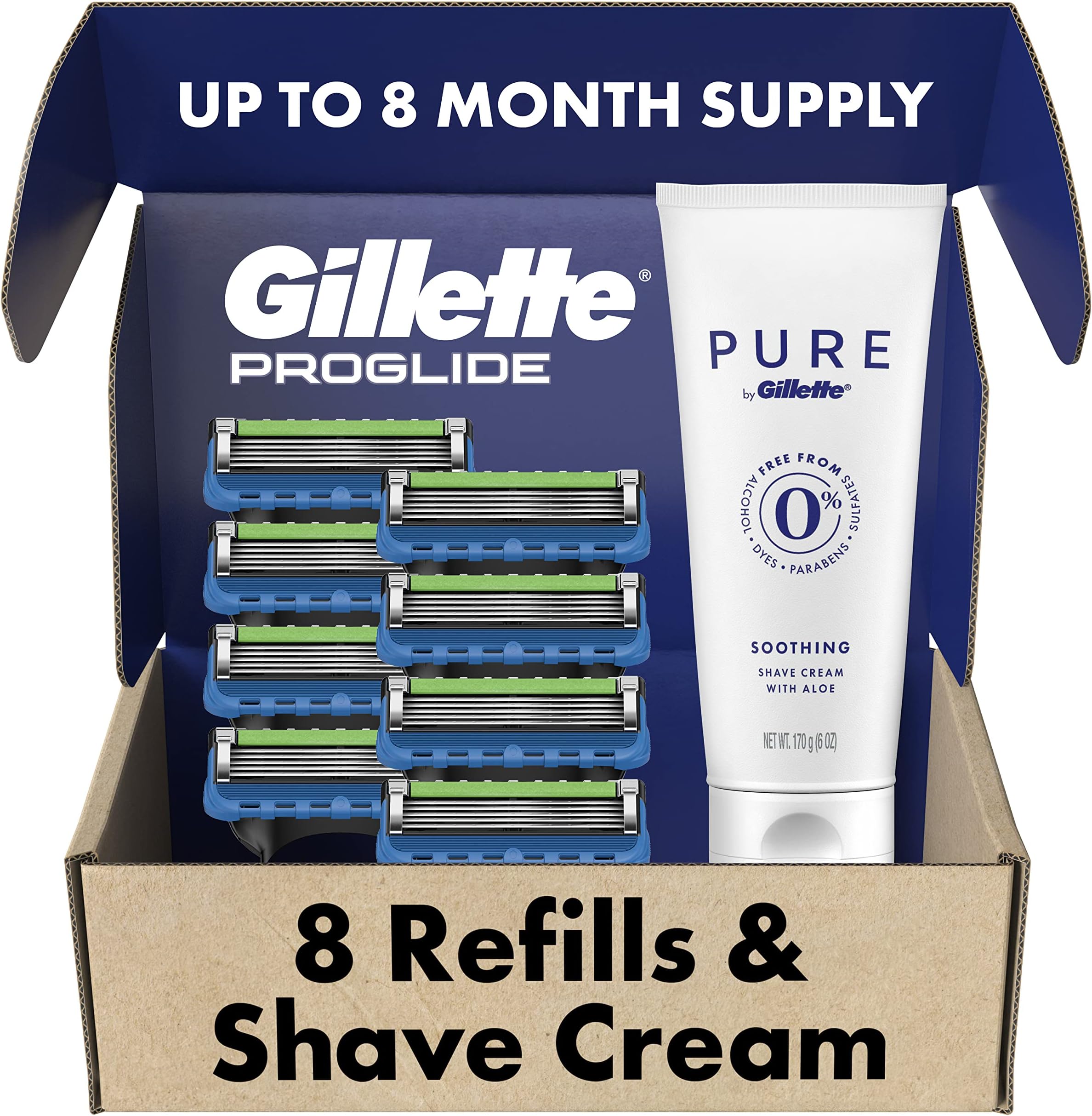 Gillette ProGlide Mens Razors 8 Razor Blade Refills Plus Gillette PURE Mens Soothing Shaving Cream with Aloe, 6 oz