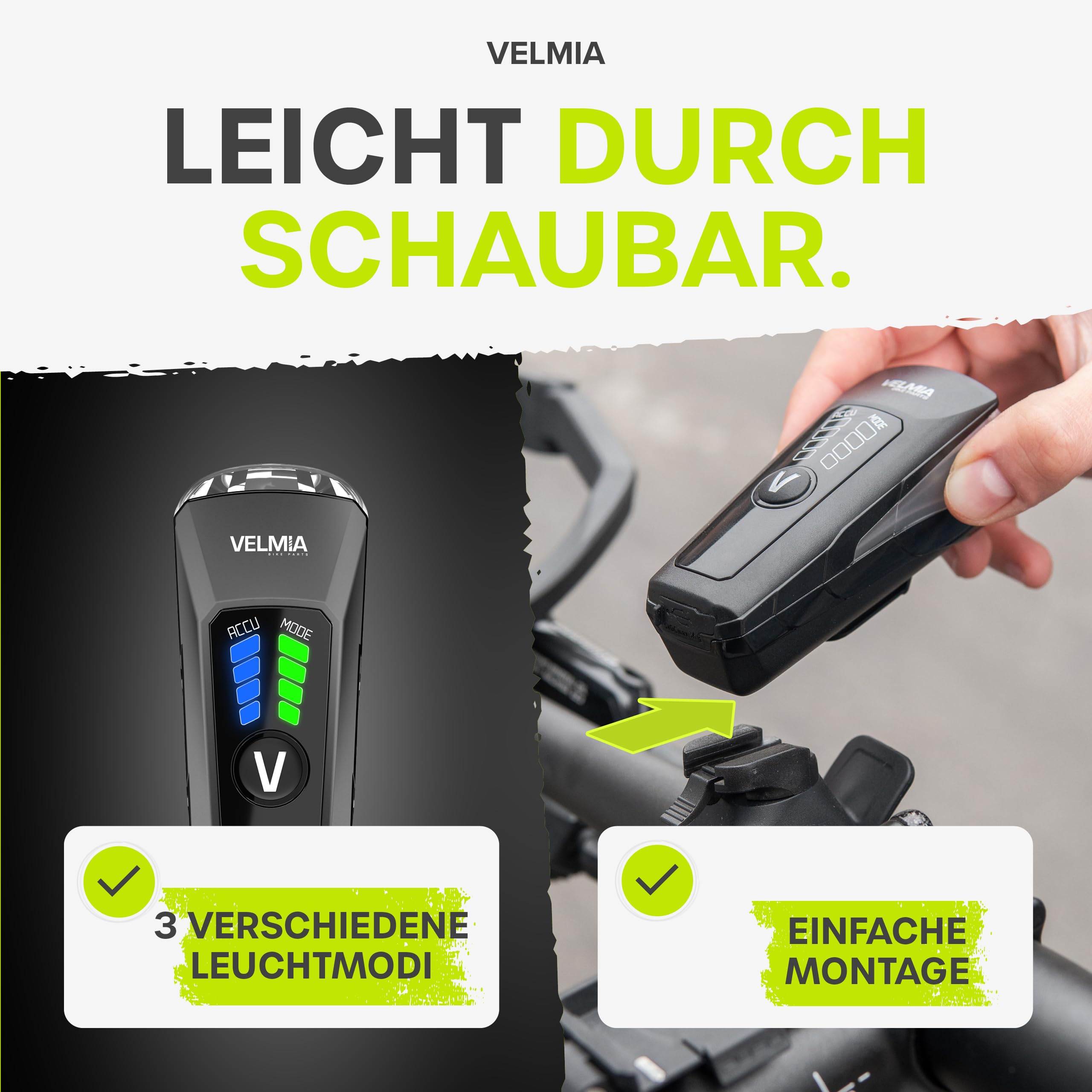 VELMIA Luces Bicicleta Delantera y Trasera - Luz Bicicleta Delantera y Trasera con Modos Automáticos, Intensidad de Luz Regulable y Montaje sin Herramientas - Resistente al Agua IPX4 & Recargable USB