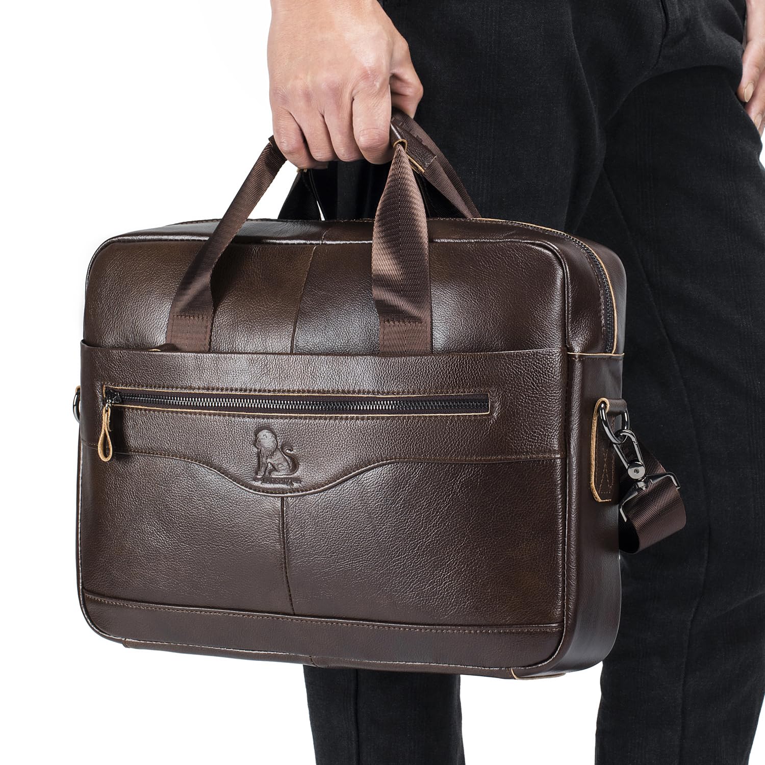 Hebetag Bolso bandolera de cuero para negocios 14 pulgadas café