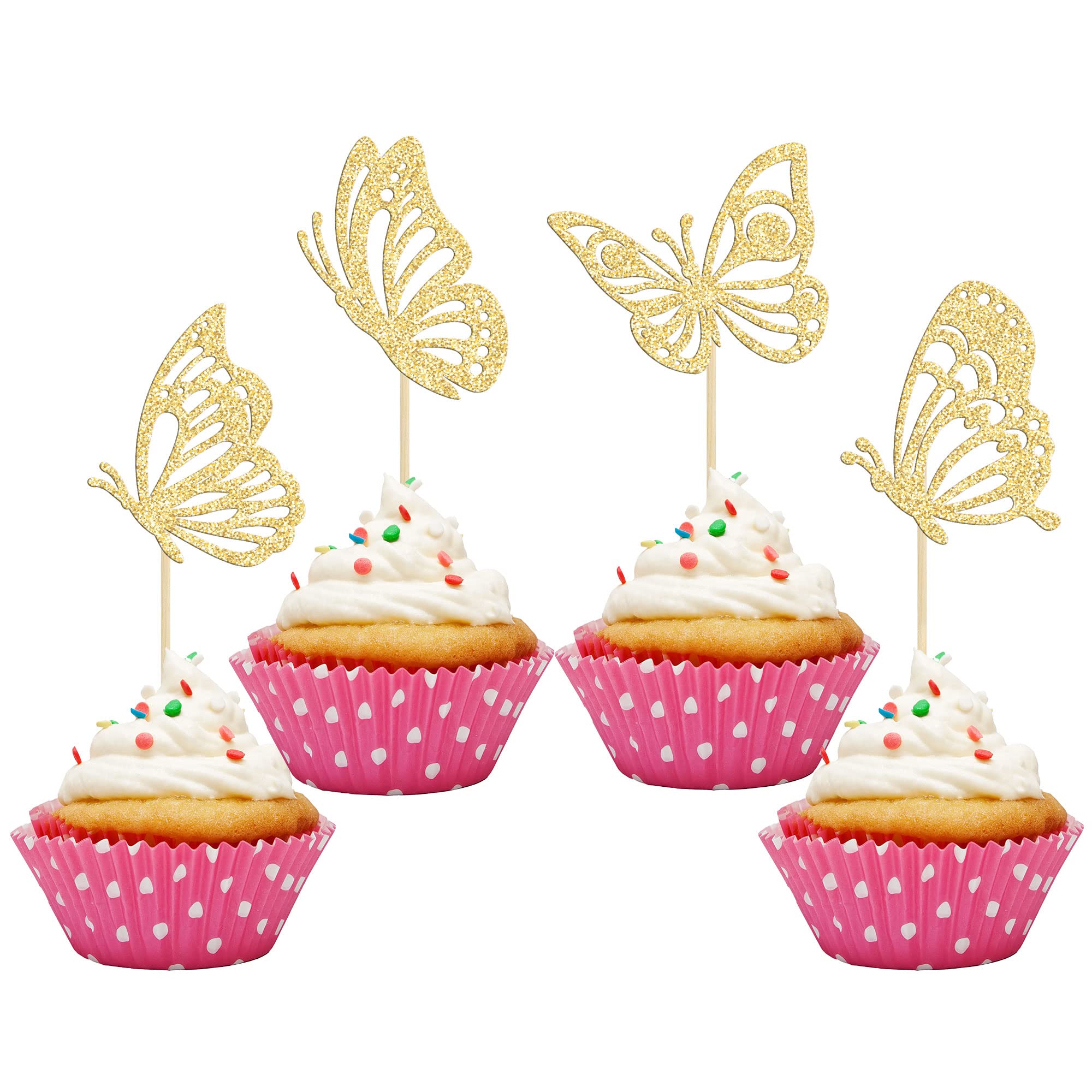 Gyufise 36Pcs Butterfly Cupcake Toppers Gold Glitter Assembled Flying Butterfly Cake Topper Decorations for Wedding Engagement Bridal Shower Kids Birthday Party Cake Decorations
