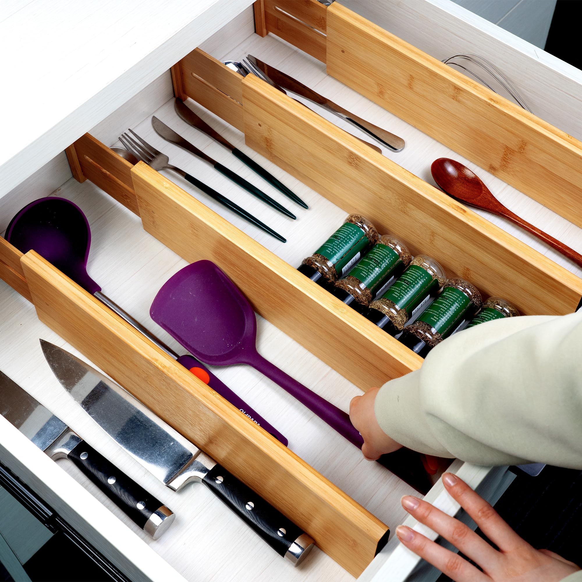 Utoplike Séparateur de tiroir extensible en bambou de 10 cm de haut, organiseur de tiroir de cuisine, placard de coiffeuse, séparateur de tiroir extensible pour vêtements (4 pièces)