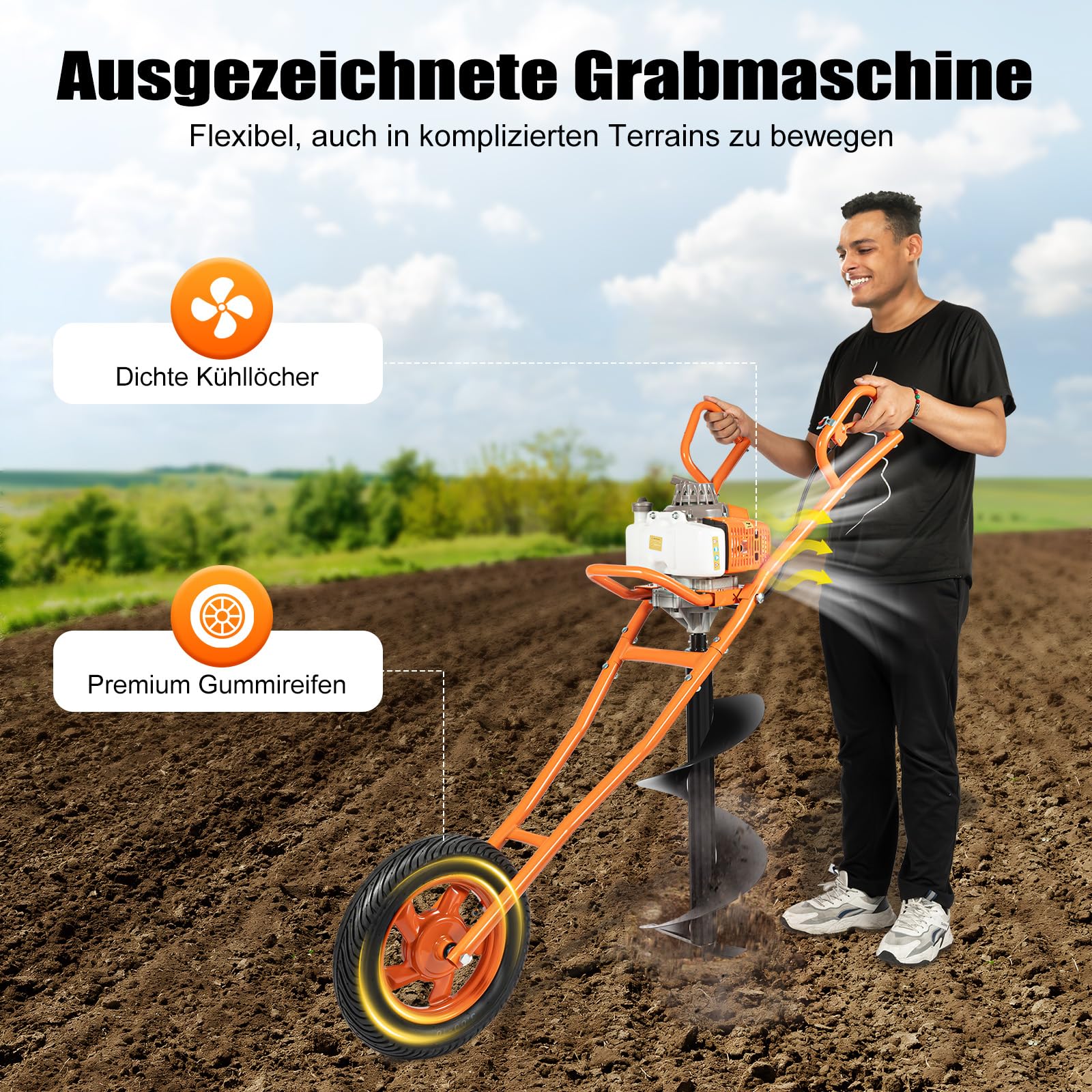 Trapano a gas a 2 tempi, con carrello manuale e serbatoio del carburante da 1,3 l, 63 CC 8800 ± 300 rpm, per trapano a benzina singolo, raffreddato ad aria, per trapano Ø 60 – 300 mm, per