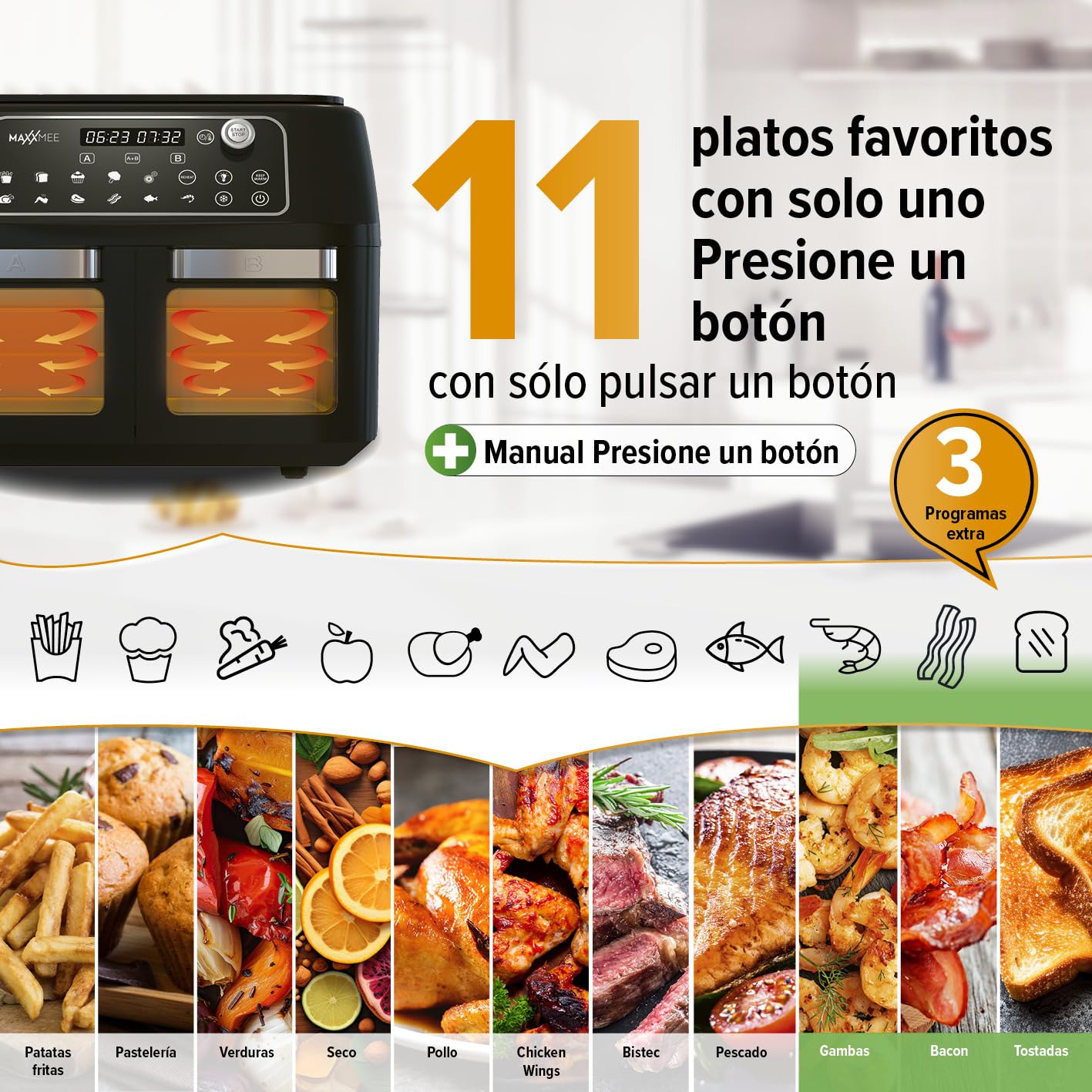 MAXXMEE Freidora de aire caliente de doble cámara 11 l | Combinación inteligente de horno de aire caliente, parrilla y freidora con 2 compartimentos XXL de 5,5 litros cada uno | Panel de control