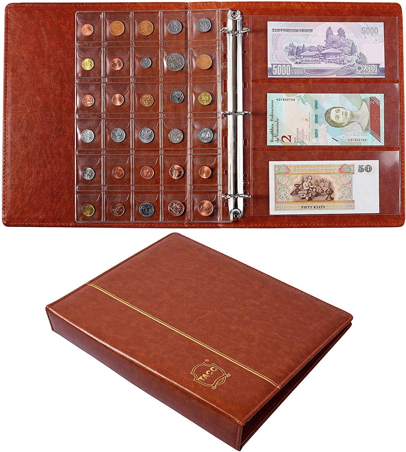 DELFINO Leather Currency Collection, 120 Pieces Coin Collecting Holder Album, 24 Pieces Paper Money Currency Collection Supplies Holders, Large Storage Book for Collectors, Bill Commemorative