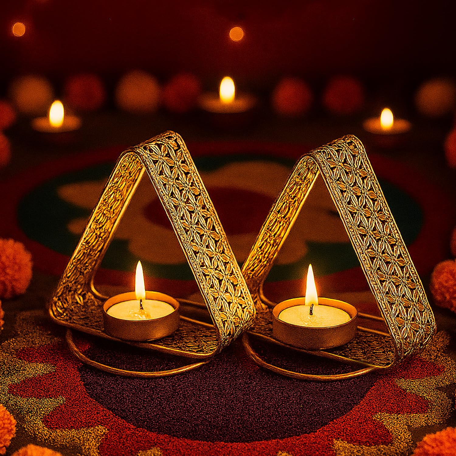 Go Hooked Triangular Metal Tealight Holder Set of 2pcs Handcrafted Floral Cut Design Candle Stand for Diwali, Mandir, Table Décor & Festive Gifting – Matte Gold Finish Decorative Diya Holder