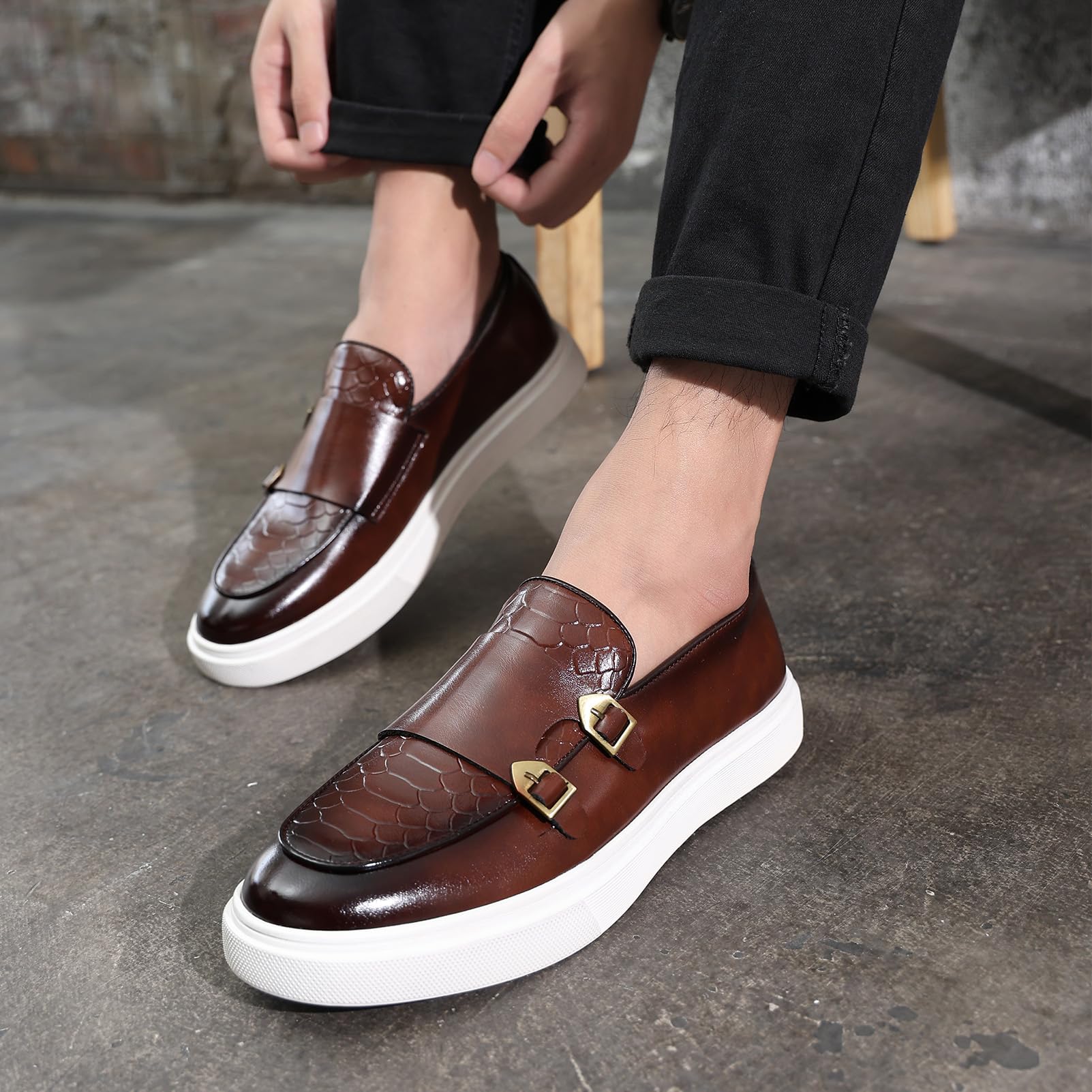 ANUFER Uomo Eleganti Doppio Monaco Fibbia Mocassini Casual Slip-On Piattaforma Scarpe da Ginnastica
