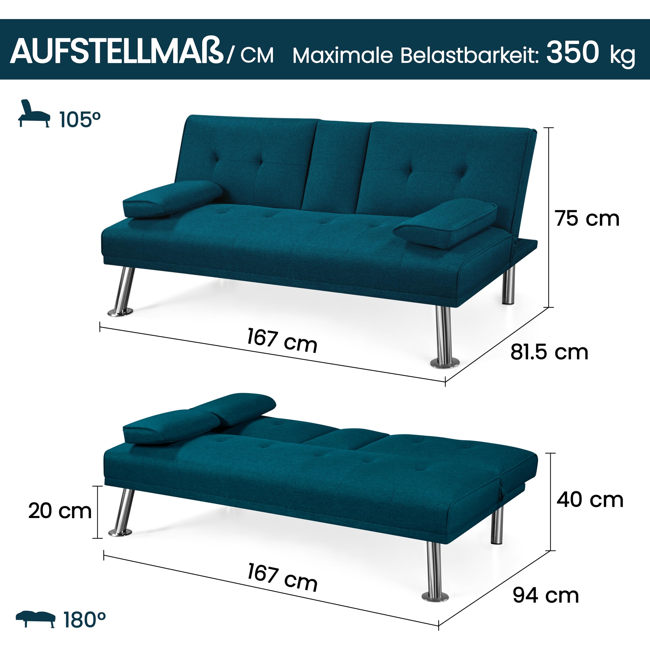 Yaheetech Klappbares Schlafsofa Couch Sofa mit Schlaffunktion Bettsofa mit Großer Liegefläche von 167 cm L × 94 cm B fürs Wohnzimmer/Schlafzimmer/Heimkino/Gästezimmer Blau