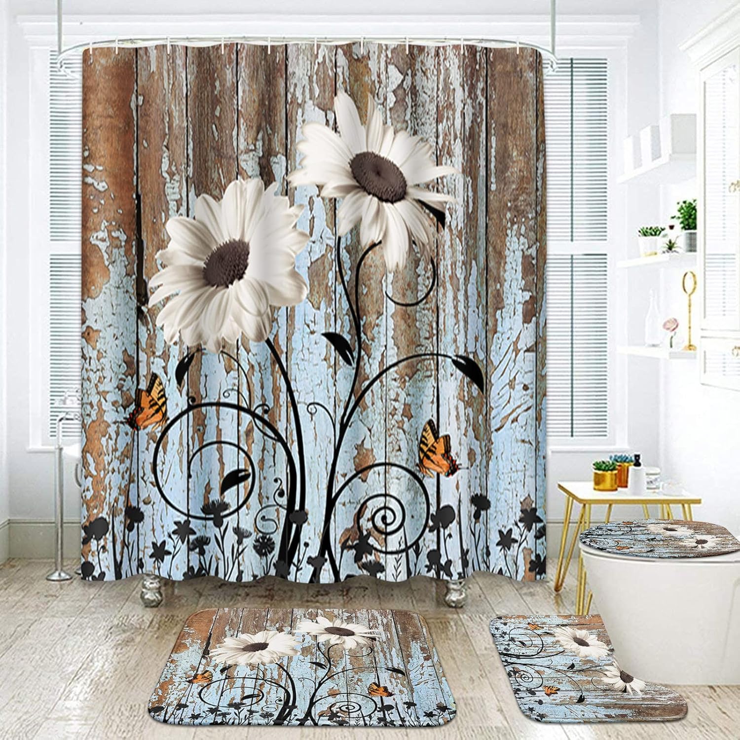 ArtSocket 4 Pcs Shower Curtain Set White Daisy Floral
