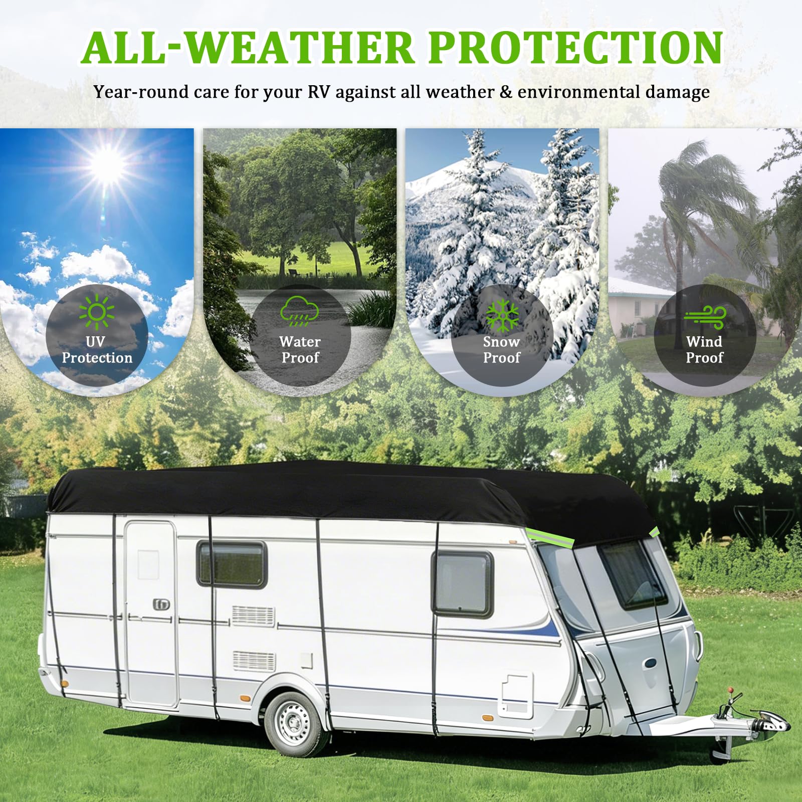 EXLECO Wohnwagen Abdeckung 5,5 x 3 m Wohnmobil Abdeckplane Wasserdicht Sonnenbeständig Wetterbeständige Schutzhülle Reisemobil Dachschutzplane 210D Oxford Gewebe, Dachabdeckung mit Reflektorstreifen