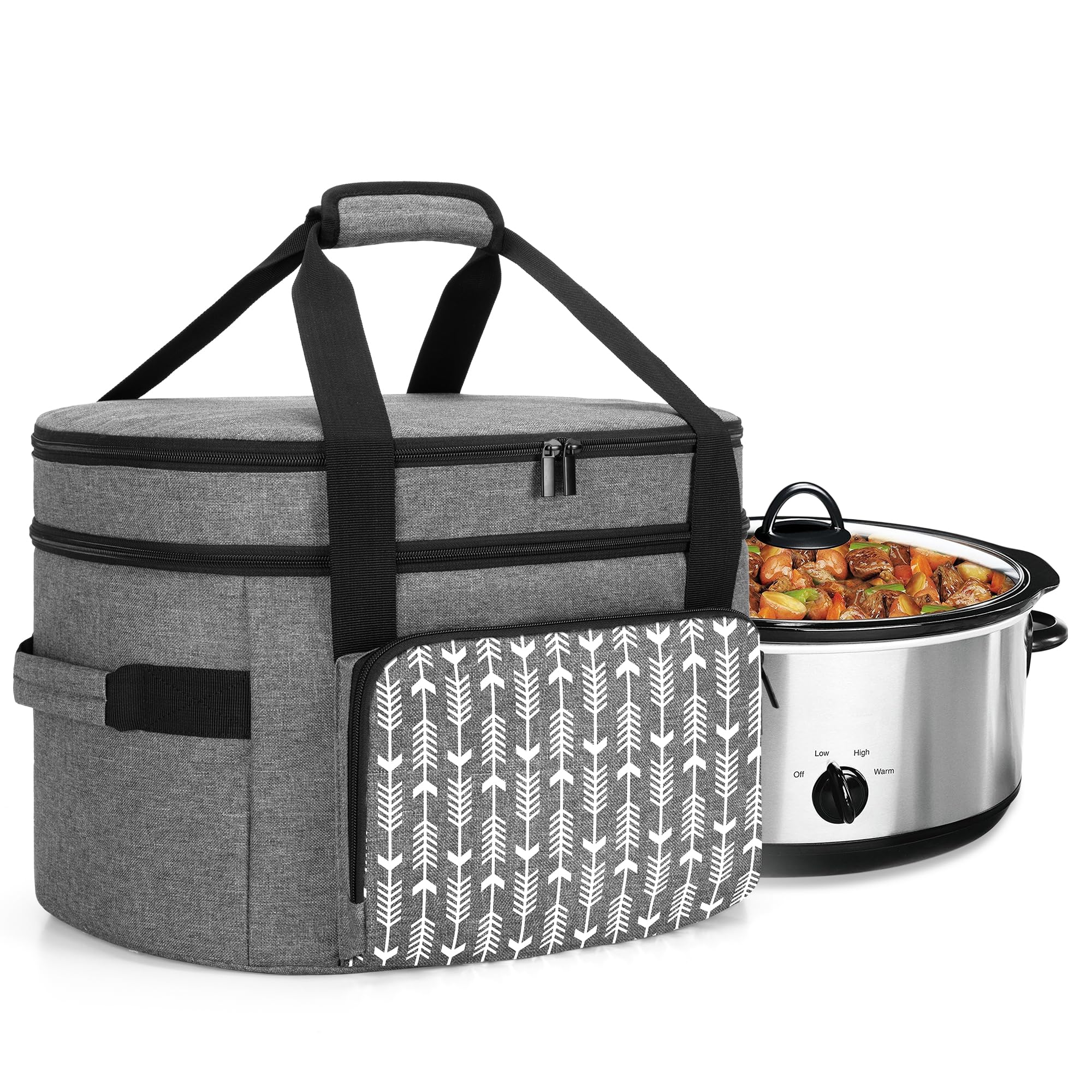 Yarwo 2026 Upgraded Slow Cooker Travel Bag with Bottom Board Compatible with Crock-Pot and Hamilton Beach 6 7 8 Quart, Double Layers Slow Cooker Carrier, Gray with Arrow (Bag Only, Patent Pending)