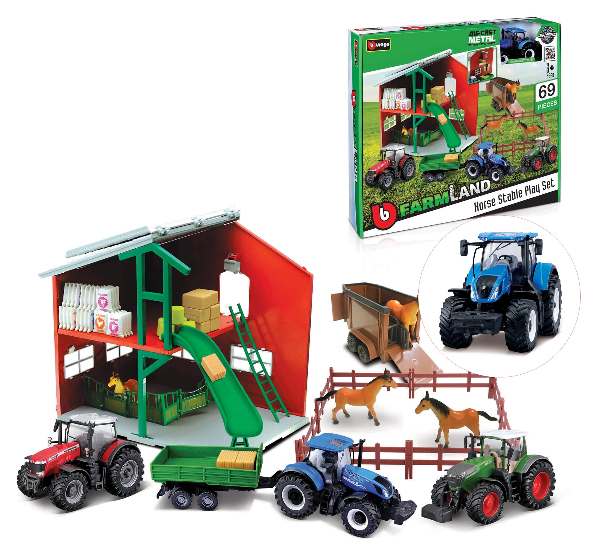 Bburago FARMLAND PLAYSET HORSE STABLE WITH NEW HOLLAND TRACTOR