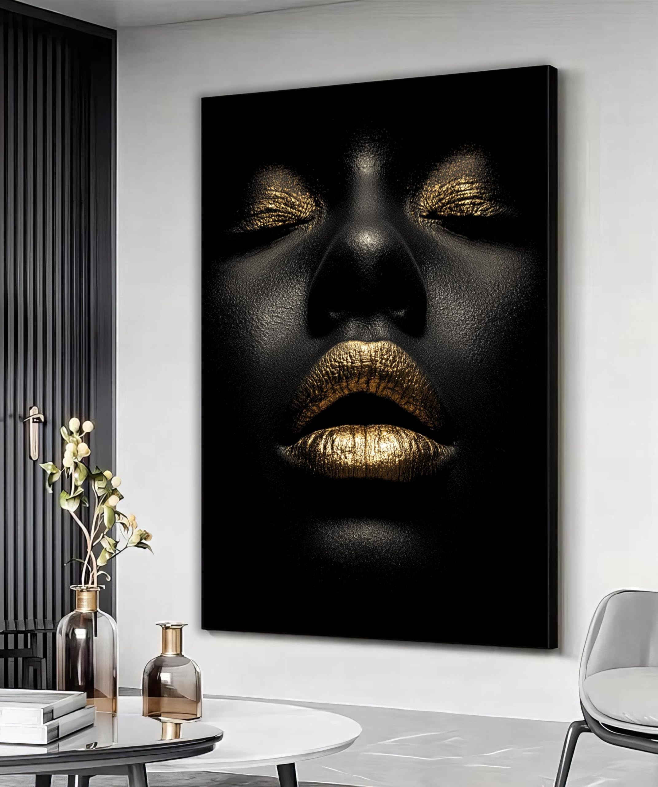 XBTYKPB Luxury Gold And Nails Canvas Wall Art Print, Gold Lips Art, Minimalist Black And Gold Wall Decor, Bold Glamorous Portrait(80x110cm/Frameless)
