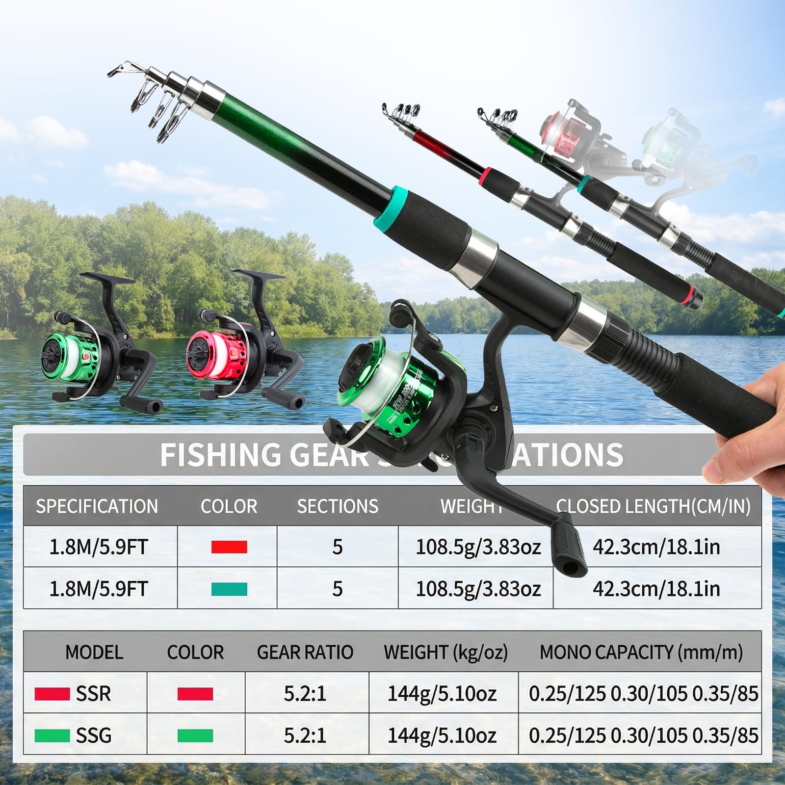 Set di 2 canne da pesca telescopiche per bambini, kit di avviamento con rete da pesca con mulinello combinato per acqua salata e acqua dolce con lenze e borsa per il trasporto, per ragazzi e ragazze