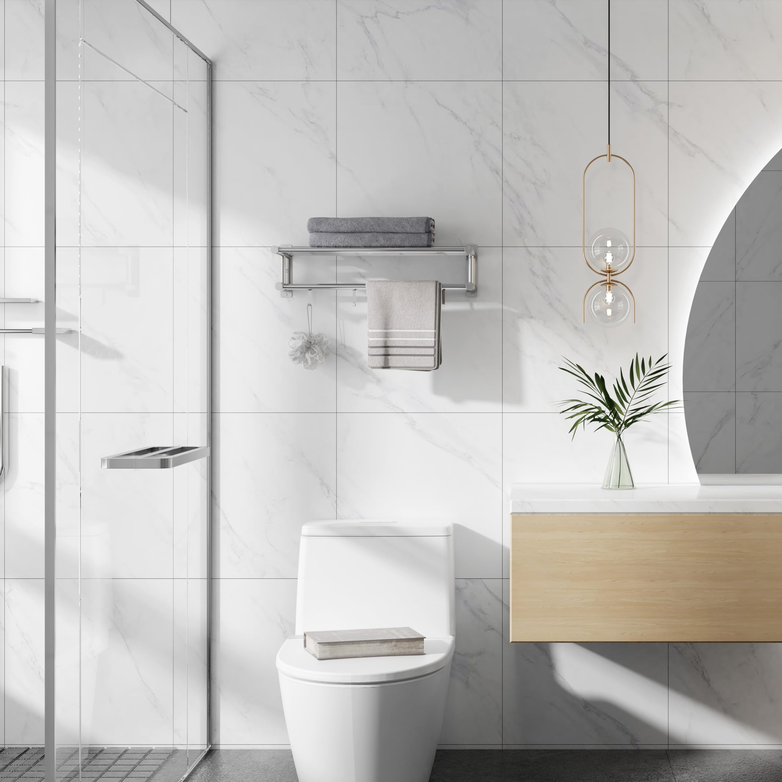 Eridanus Estante de Toallas, Toallero Doble de Acero Inoxidable SUS304 de Pared, Estantería de Almacenamiento para Baño con Barras y Ganchos(60x22,5x16cm)