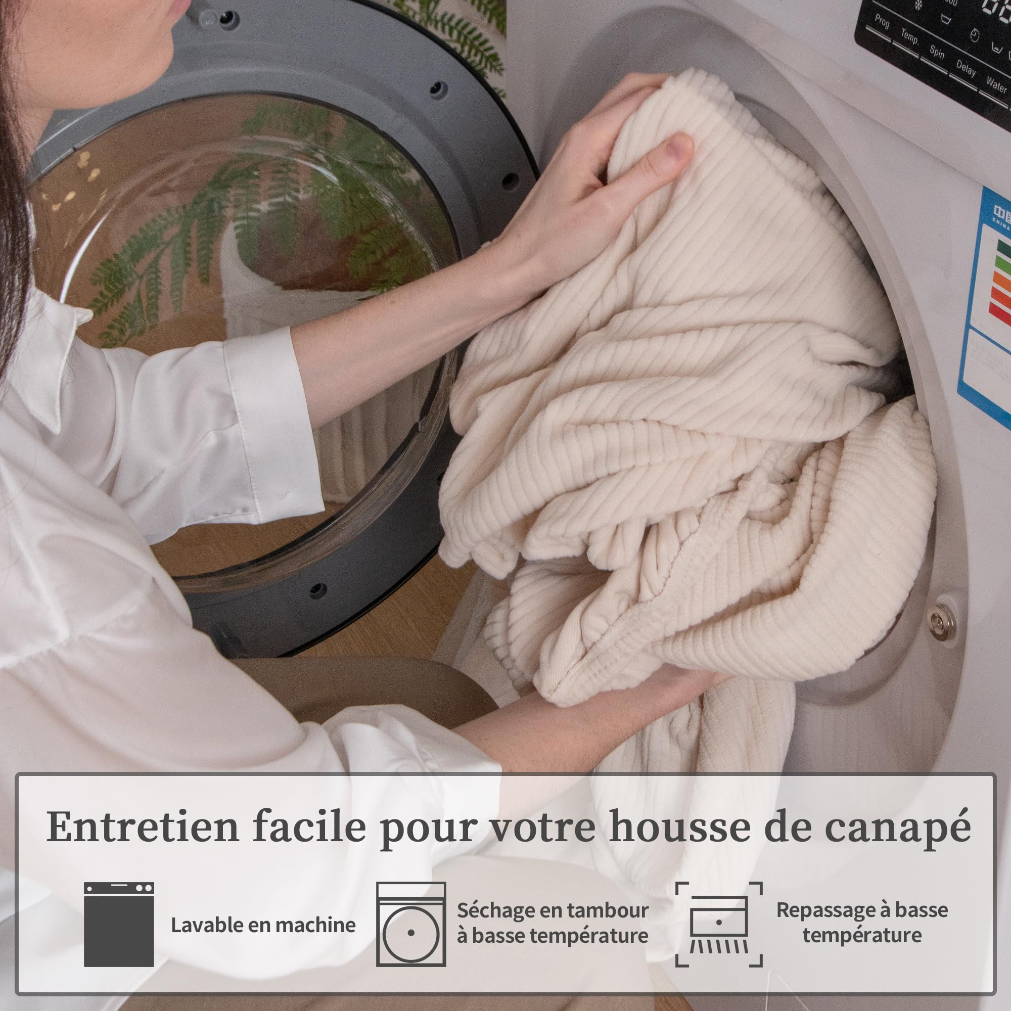OHSIO Housse de Coussin de canapé Extensible, antidérapante, Lavable, Universelle, résistante et Facile d'entretien(Ivoire,1 Housse d’Assise Taille XL)