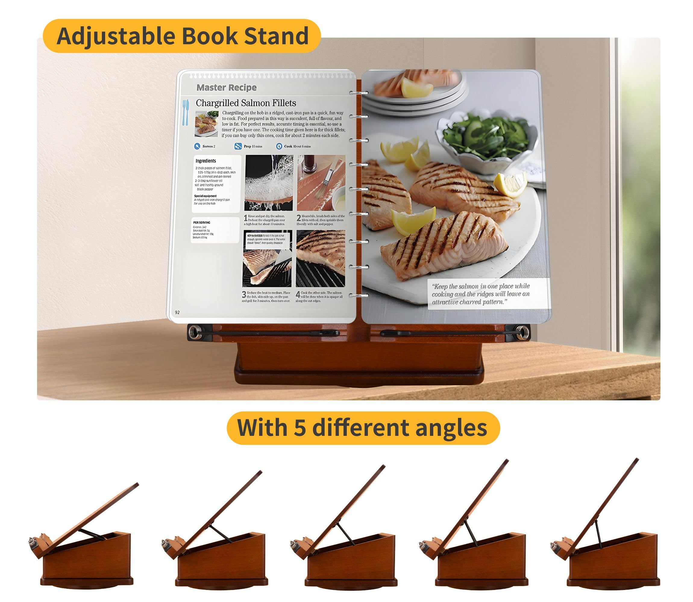 Großer Buchständer aus Holz mit Karussellsockel – verstellbarer Buchhalter mit Aufbewahrungsbox und magnetischem Ständer – 360° drehbarer Buch-Organizer aus Holz für Kochbuch (Dark Cherry)