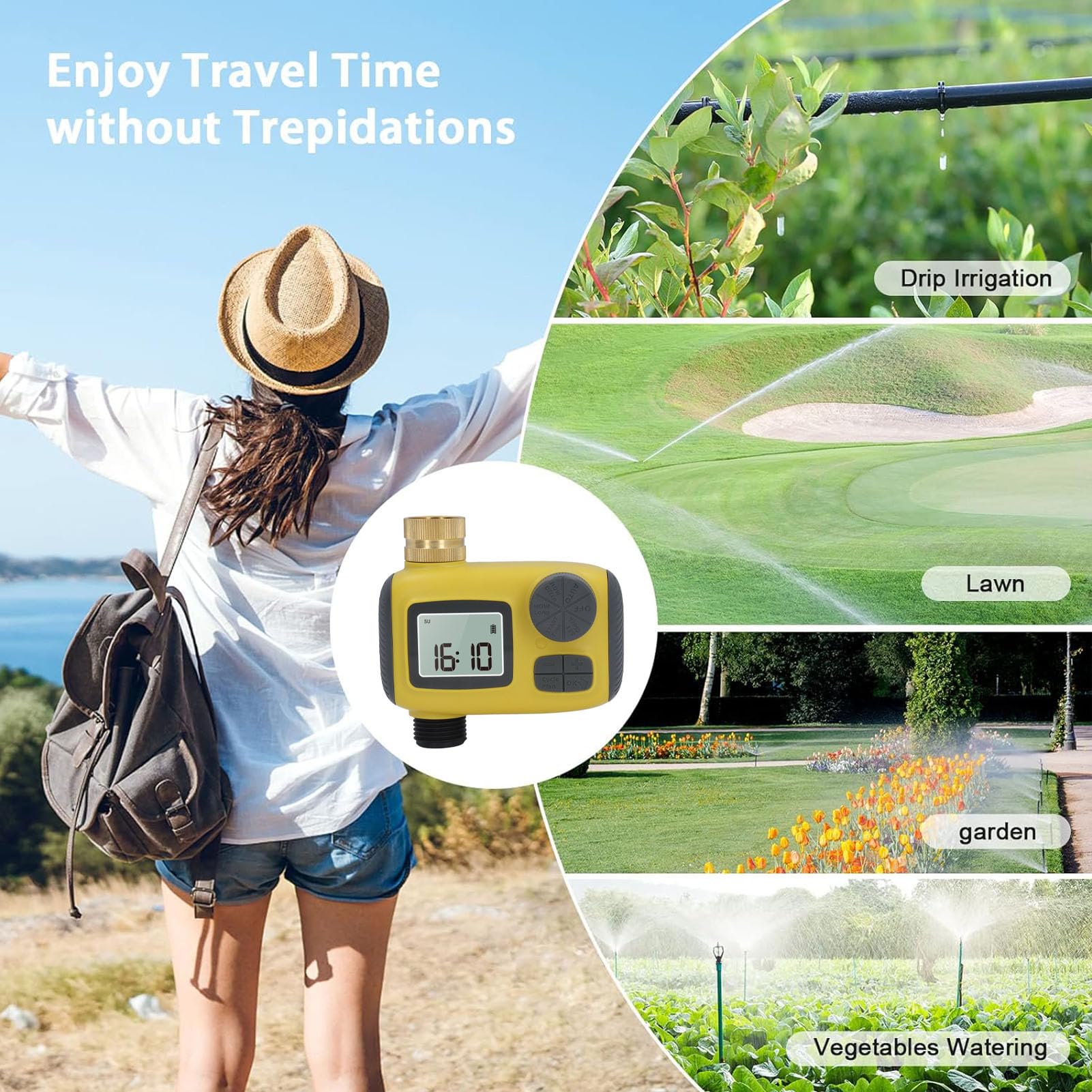 Timer per Irrigatore, Timer Programmabile per Tubo Flessibile con di Irrigazione Automatica con Ritardo Pioggia, Controller per Irrigazione Automatica Esterna Ingresso in Ottone da 1 Minuto