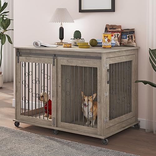 Miniatura 2 de OUYESSIR Mesa auxiliar para muebles para perros, jaula para perros con puerta corrediza con partición para dos cachorros, polea inferior, jaula
