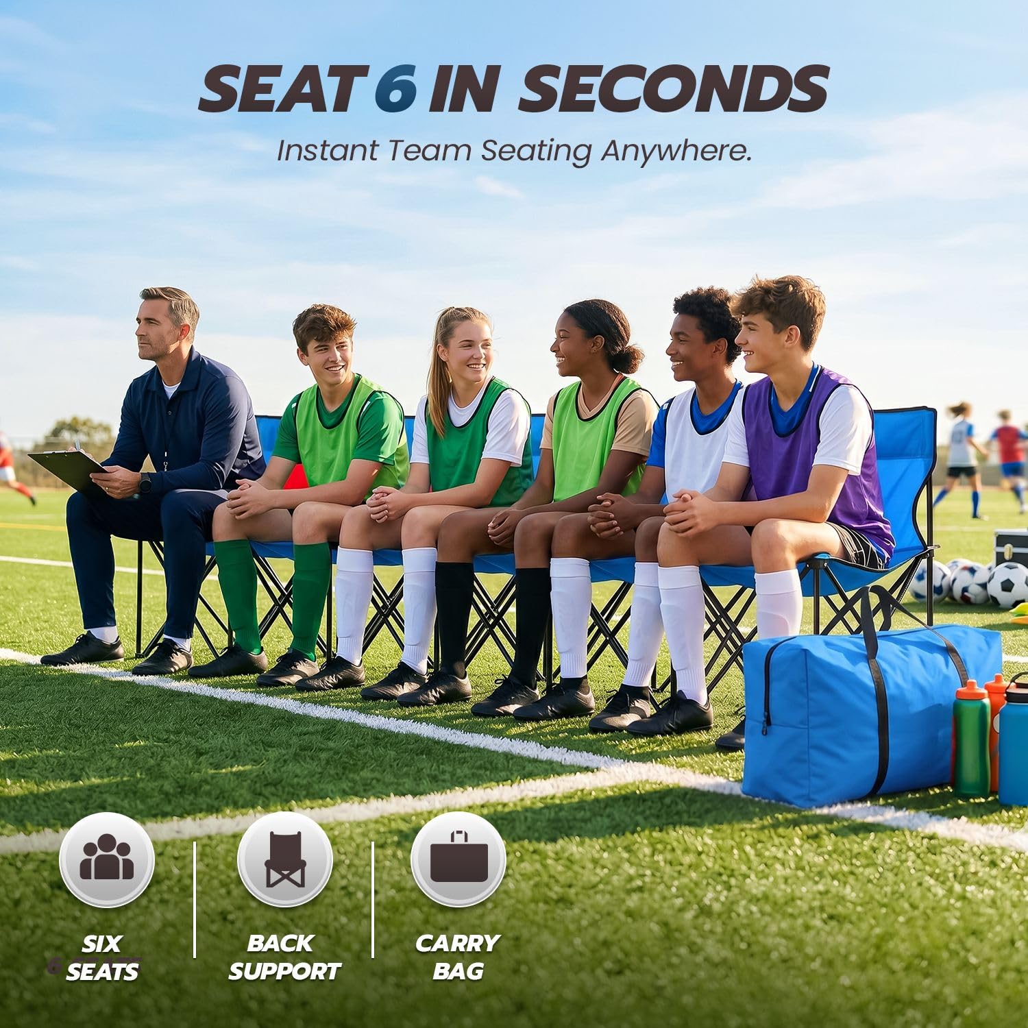 Flexzion Banc Pliant Portable 6 Places, Banc de Football Pliable, sièges Portables pour Gradins, Camping et Bord de Touche, avec Dossier et Sac de Transport, Bleu