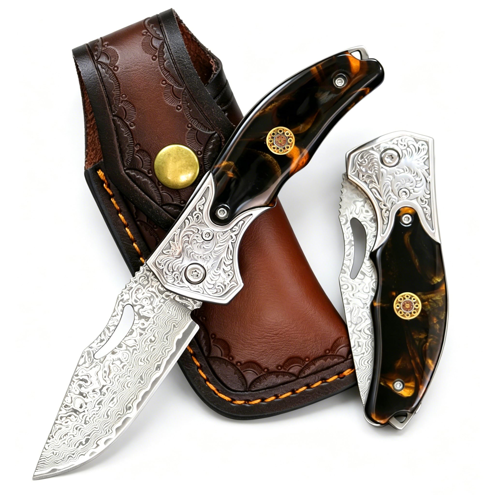 Damast Taschen Klappmesser Outdoor Messer Jagdmesser Survival Messer Bushcraft EDC Zweihandmesser Mit Harzgriff Gravur, Lederscheide Für Camping Wandern Angeln