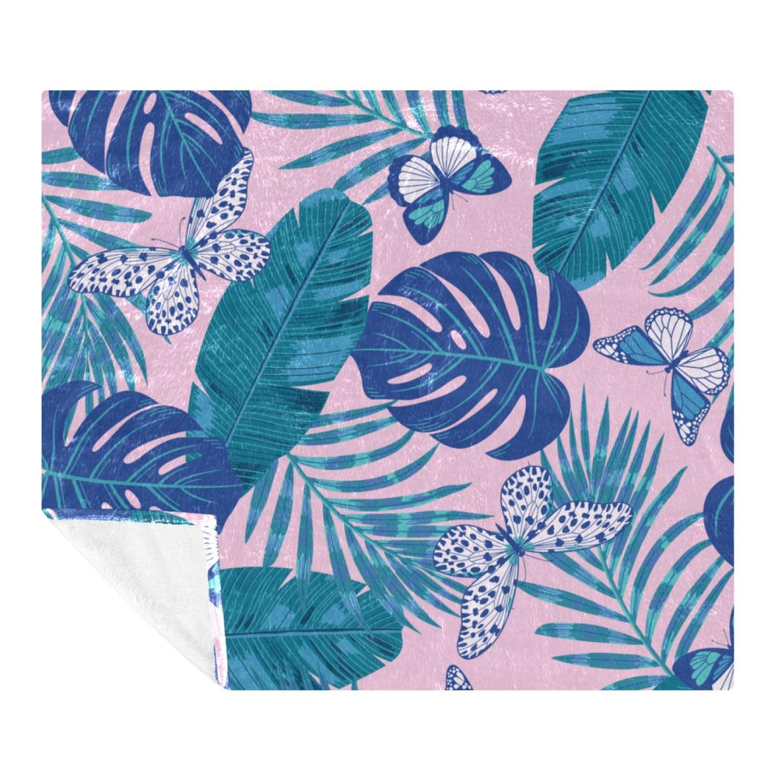 Couverture polaire pour le sol du canapé de la chambre ambiance tropicale bleu rose