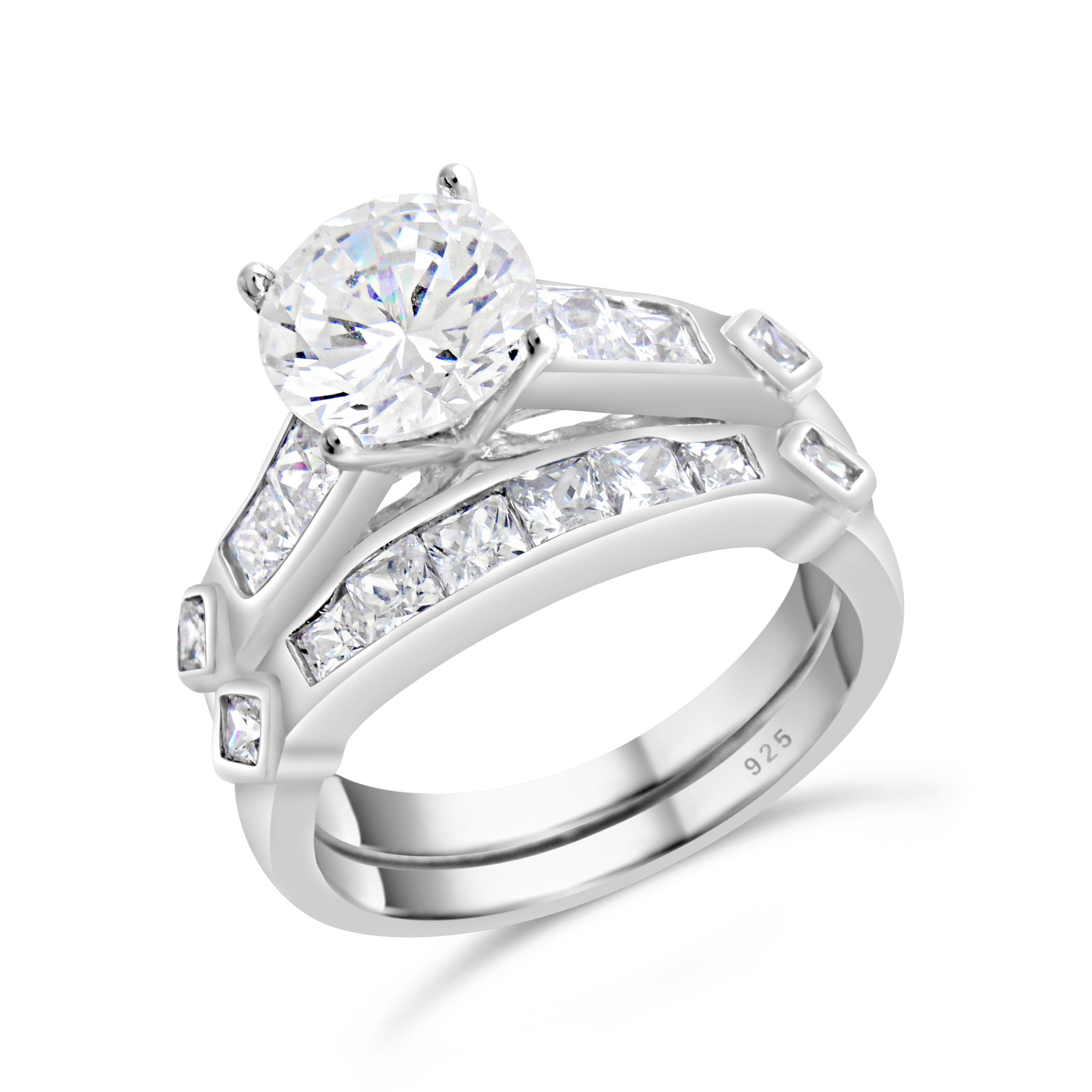 Splendor Jewelry Sterling Silver Round & Princess Cut CZ Double Band Engagement Ring Set