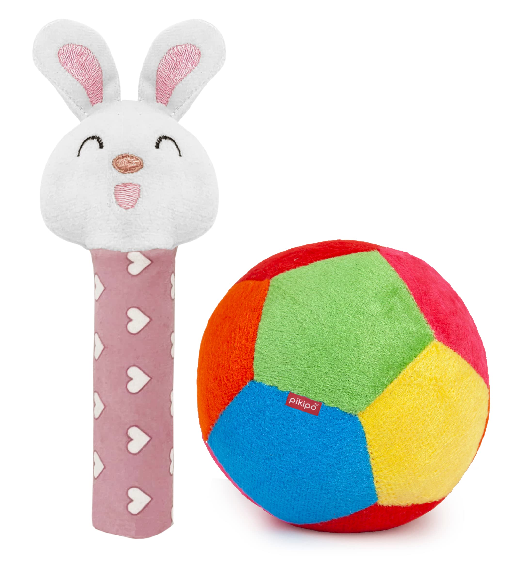 Pikipo Soft Ball (Small, 11Cm) and Bunny Face Soft Rattle Combo - Polyester, Softball, Pink