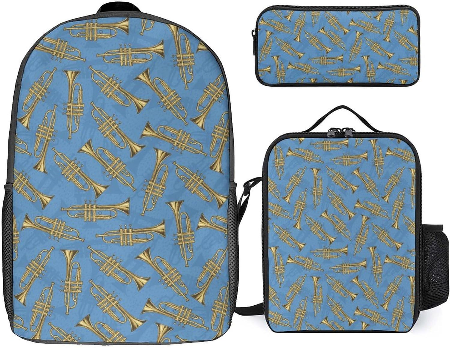 Golden Trombones of Music Notes Pattern 3 Piece Backpack Sets With Lunch Bag Pencil Case Combination Hiking Travel Work