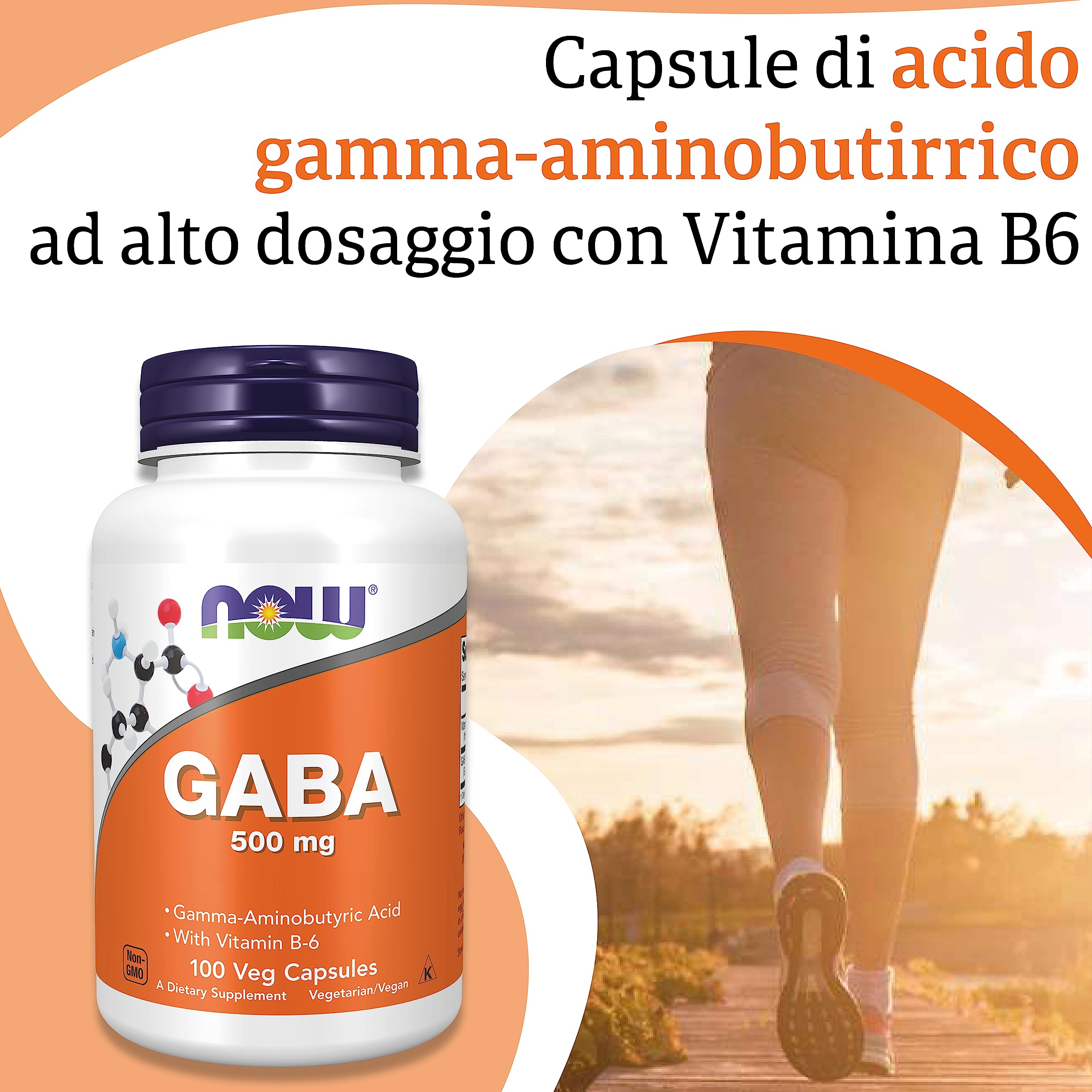 Now Foods, GABA, 500mg, 100 Capsule vegane, Testato in Laboratorio, Vitamina B6, Senza Glutine, Senza Soia, Vegetariano