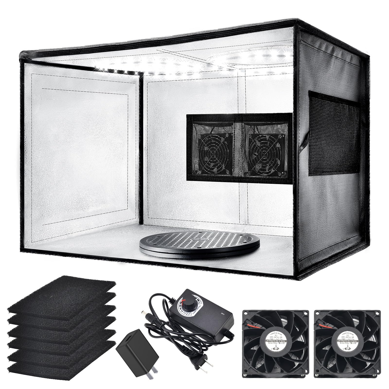 Airbrush Spray Booth with Dual Exhaust Fans,Portable Airbrush Paint Booth for Airbrushing,2 Round Led Lights with 360° Coverage,Turntable and Extension Hose,Hobby Spray Booth Kit for Painting Model