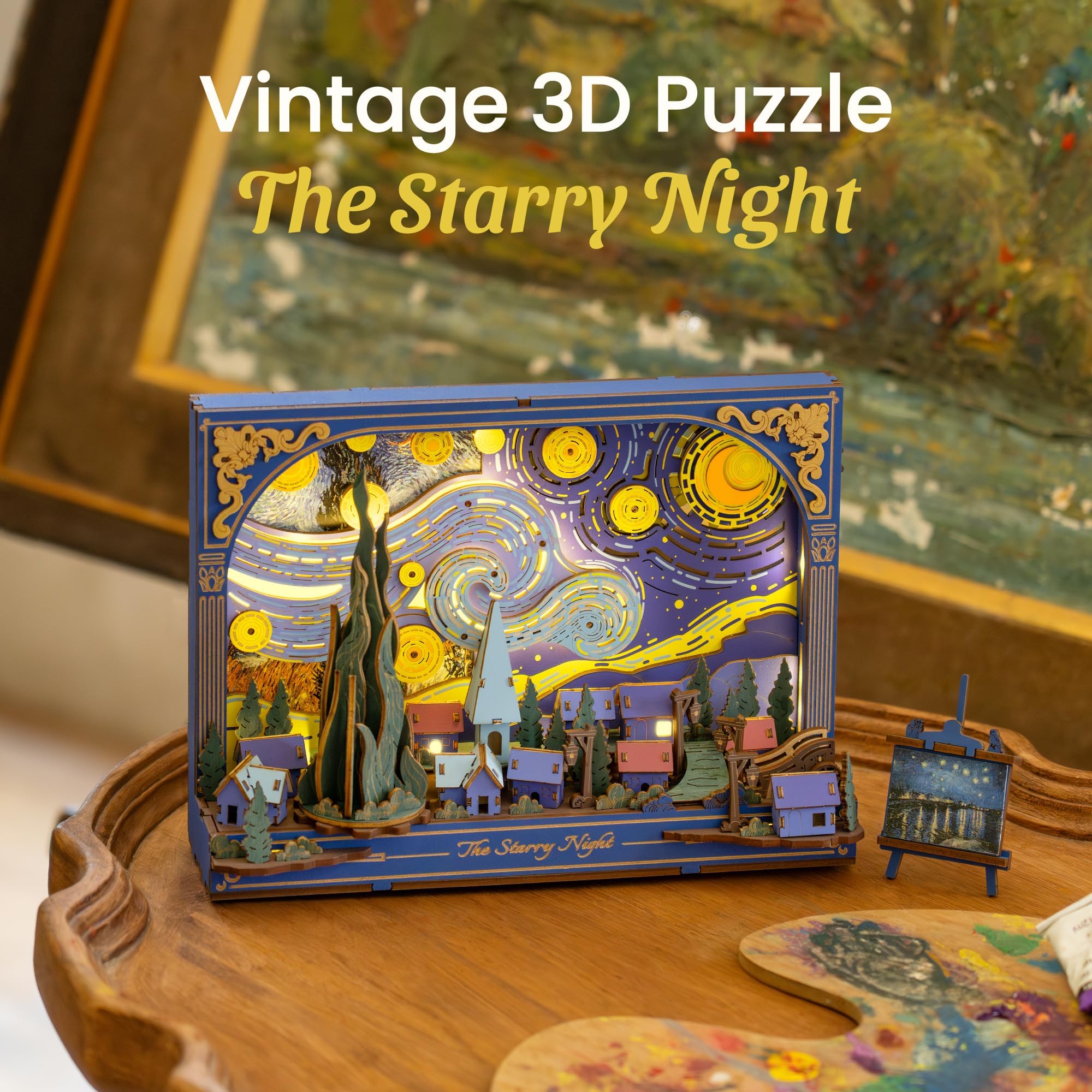 ROBOTIME 3D Wooden Puzzle The Starry Night, Model Kits for Adults to Build Hangable Art 3D Painting Wall Decor - Image 2