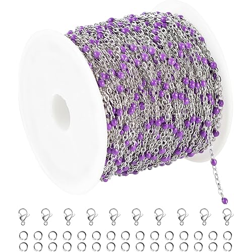 UMAOKANG 33ft Bead Chain for Jewelry Making Stainless Steel Cable Link Chain Spool Lavender Beaded Bracelet Chain with Open Jump Rings and Lobster Clasps