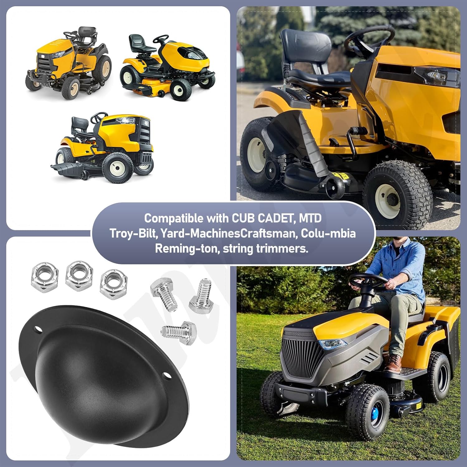 Collage of images showing various trimmers and the Fennoral skid assembly with mounting hardware, indicating compatibility with Cub Cadet, MTD, Troy-Bilt, Yard-Machines, Craftsman, Columbia, and Remington string trimmers.