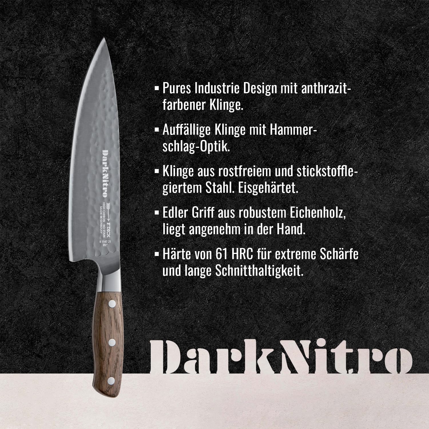 F. DICK Kochmesser DarkNitro 21 cm - geschmiedet, rostfrei, Klinge extra scharf, 61 HRC, Chefmesser Hammerschlag & Eichenholzgriff - Spezialstahl Küchenmesser - Profi Messer Made in Germany - 81147212