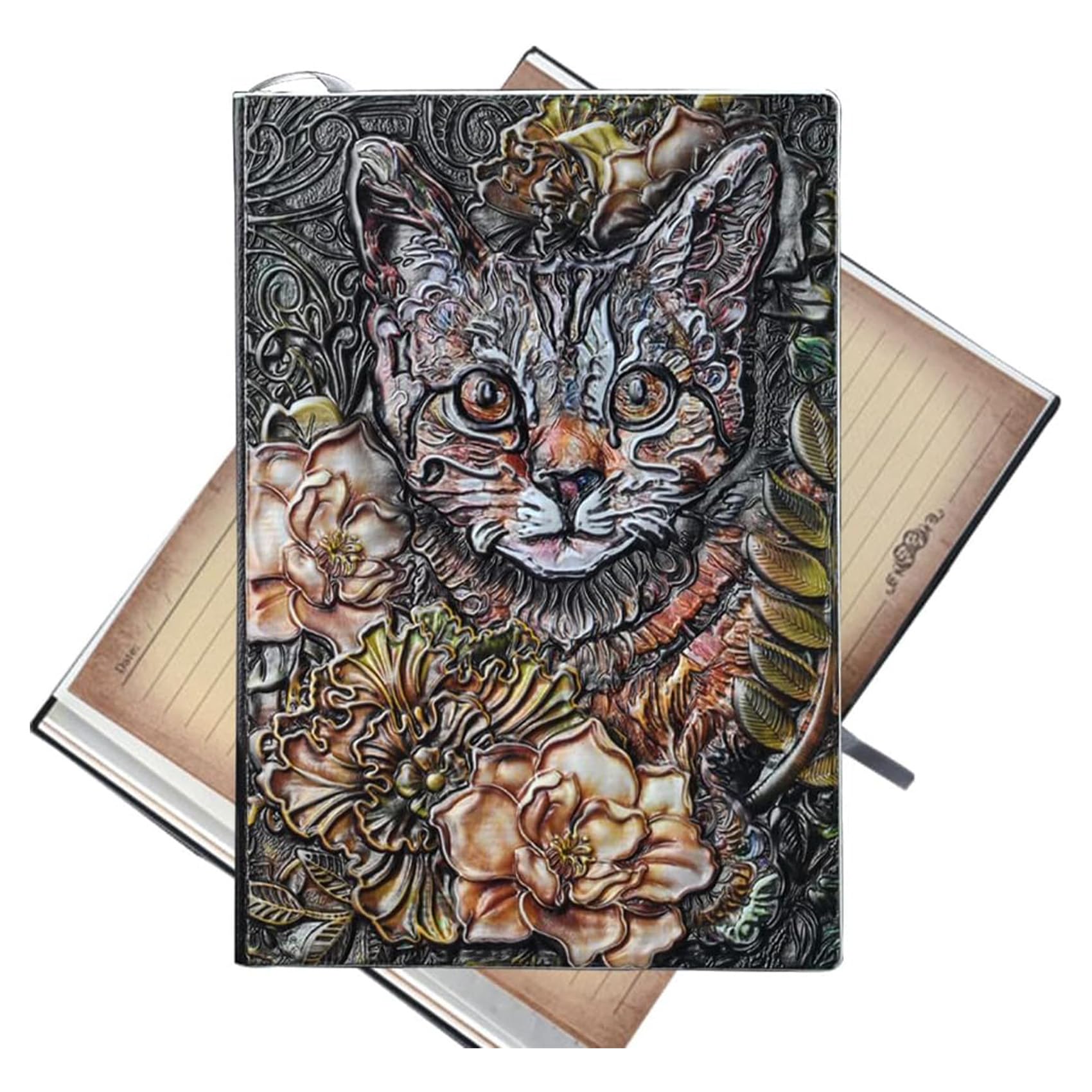 KISWIAR Geprägtes Leder-Tagebuch, A5, Vintage, Reisetagebuch, Kunst, Katzen-Einband, Leder-Tagebuch, Notizbuch, Schreibbuch, Dekoration, Buch, Retro-Hardcover-Tagebuch für Frauen