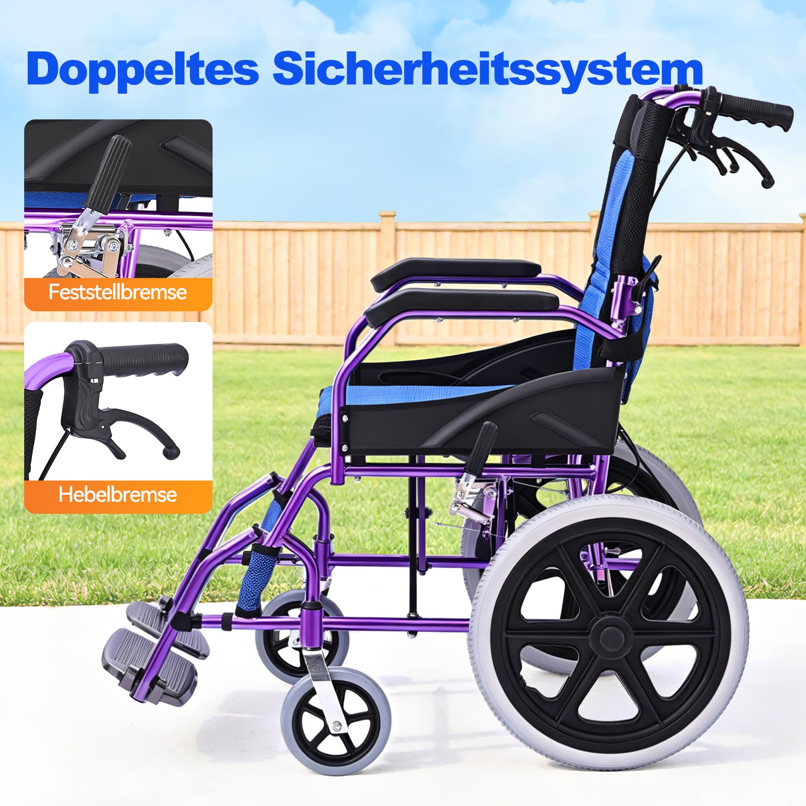 M3 Ultraleicht Rollstuhl Faltbar Leicht, Transitrollstuhl, Bremse an den Griffen Reiserollstuhl für Behinderteund Senioren, FuBstütze, Armlehnen, leicht, Sitzfläche 45 cm, Lila