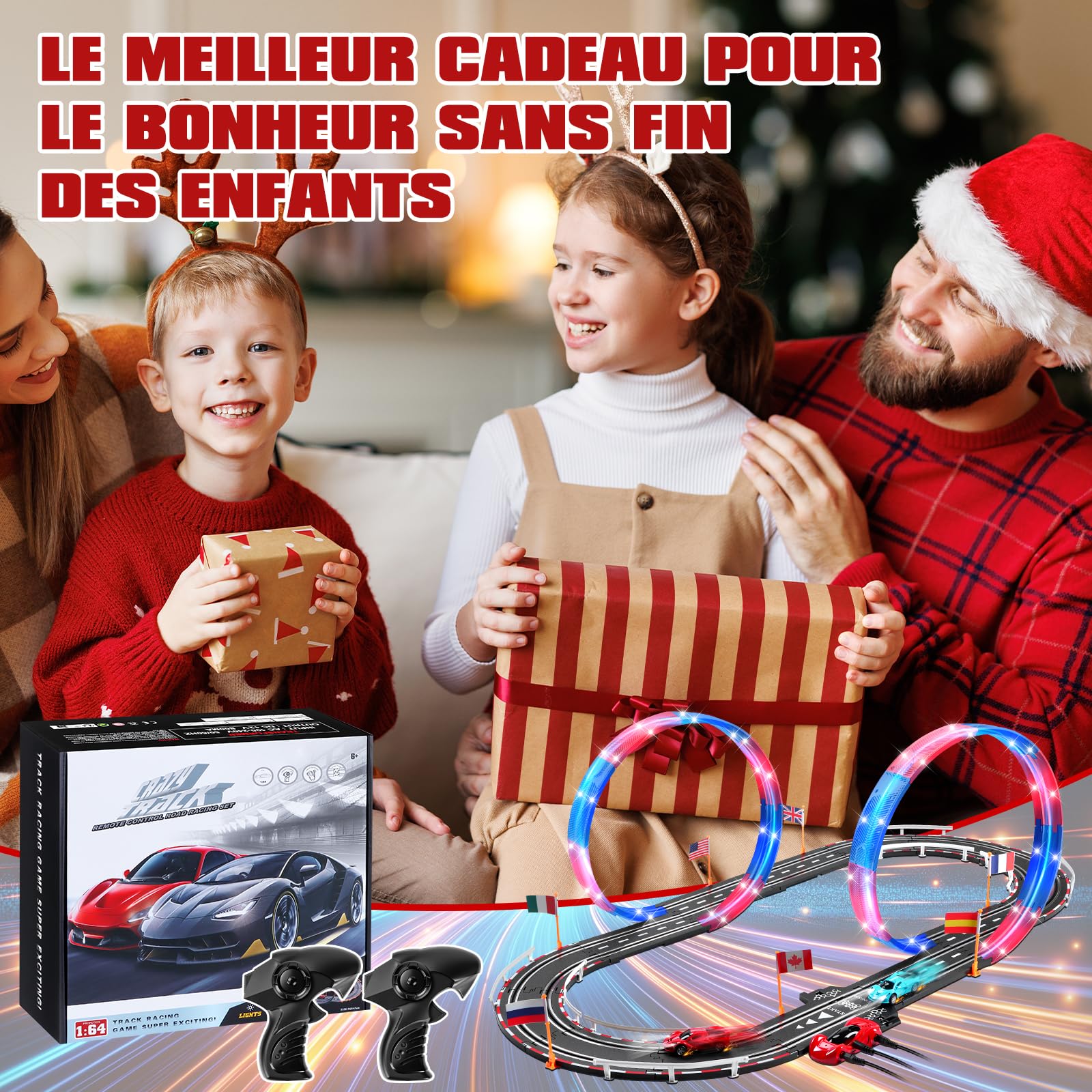 Circuit Voiture Electrique, Lumineuse Circuit Voiture Enfant 1:64 Piste De Course - 4 LED Voitures, 360° Cercle, Prise, Compteur de Tours, Piste Voiture Enfant 6-12 Ans Jouets Cadeau (S)