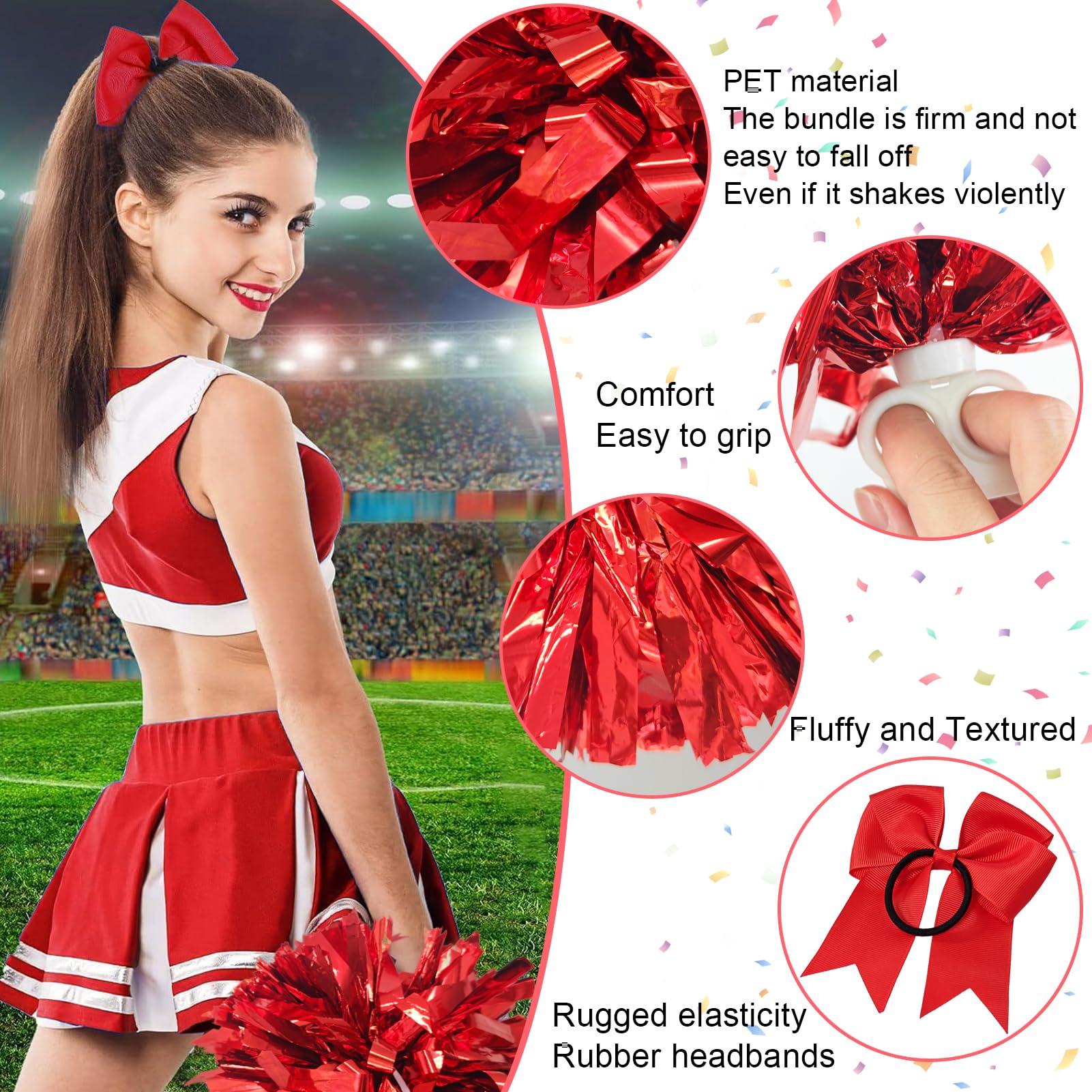 3 Piezas Pompoms Animadoras, Pompones de Animadora con Asas, Pompones Animadora, Cheerleader Pompom para Deportes Team Spirit Cheering Reemplazo para Fiestas Pompones Deportivos (Rojo) — view 5