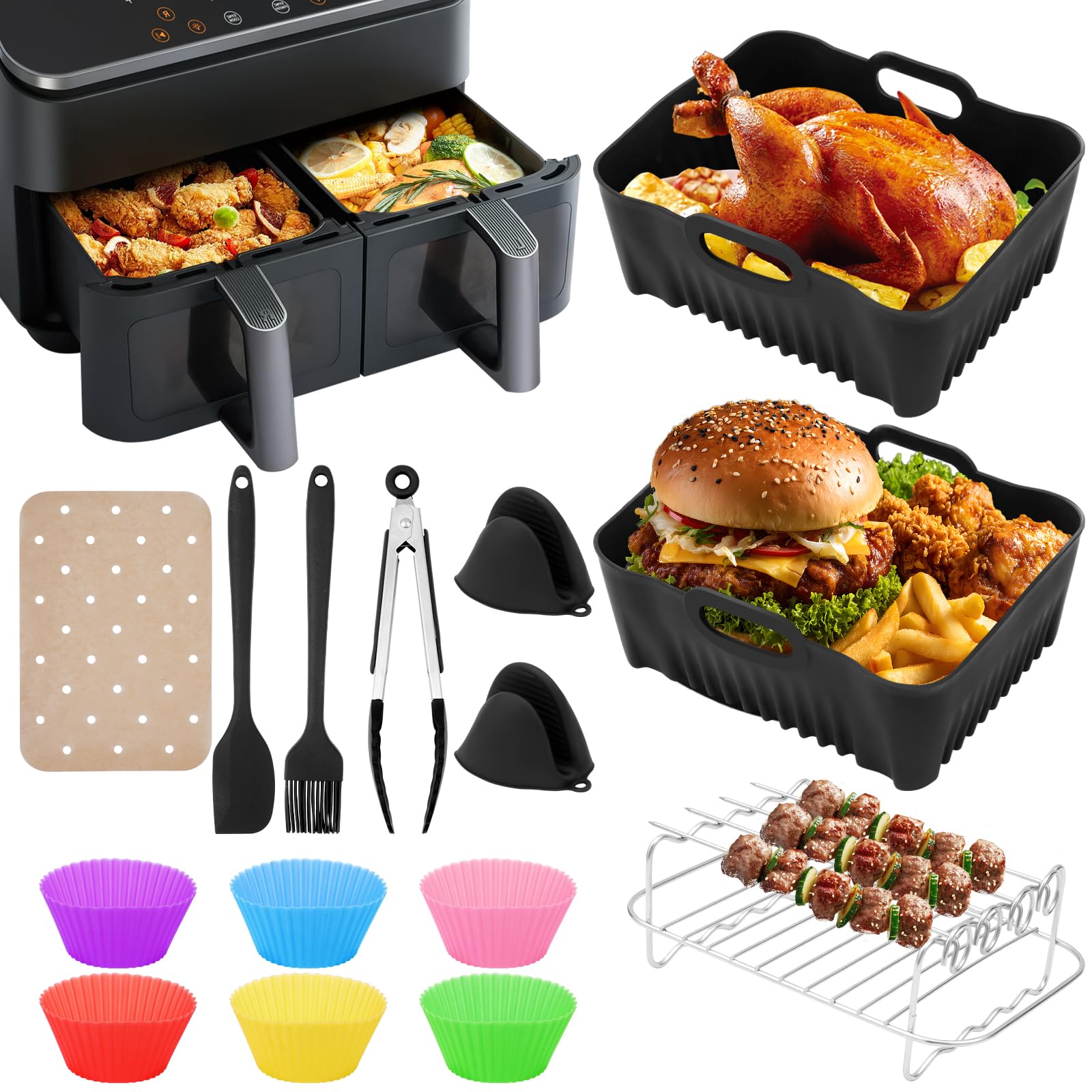 Akcesoria do frytkownicy na gorące powietrze, 2 komory, 8,5 l, silikonowa forma do frytkownicy Air Fryer, zawiera silikonowe formy, ruszty, rękawice, szczypce, papier do pieczenia i wiele więcej