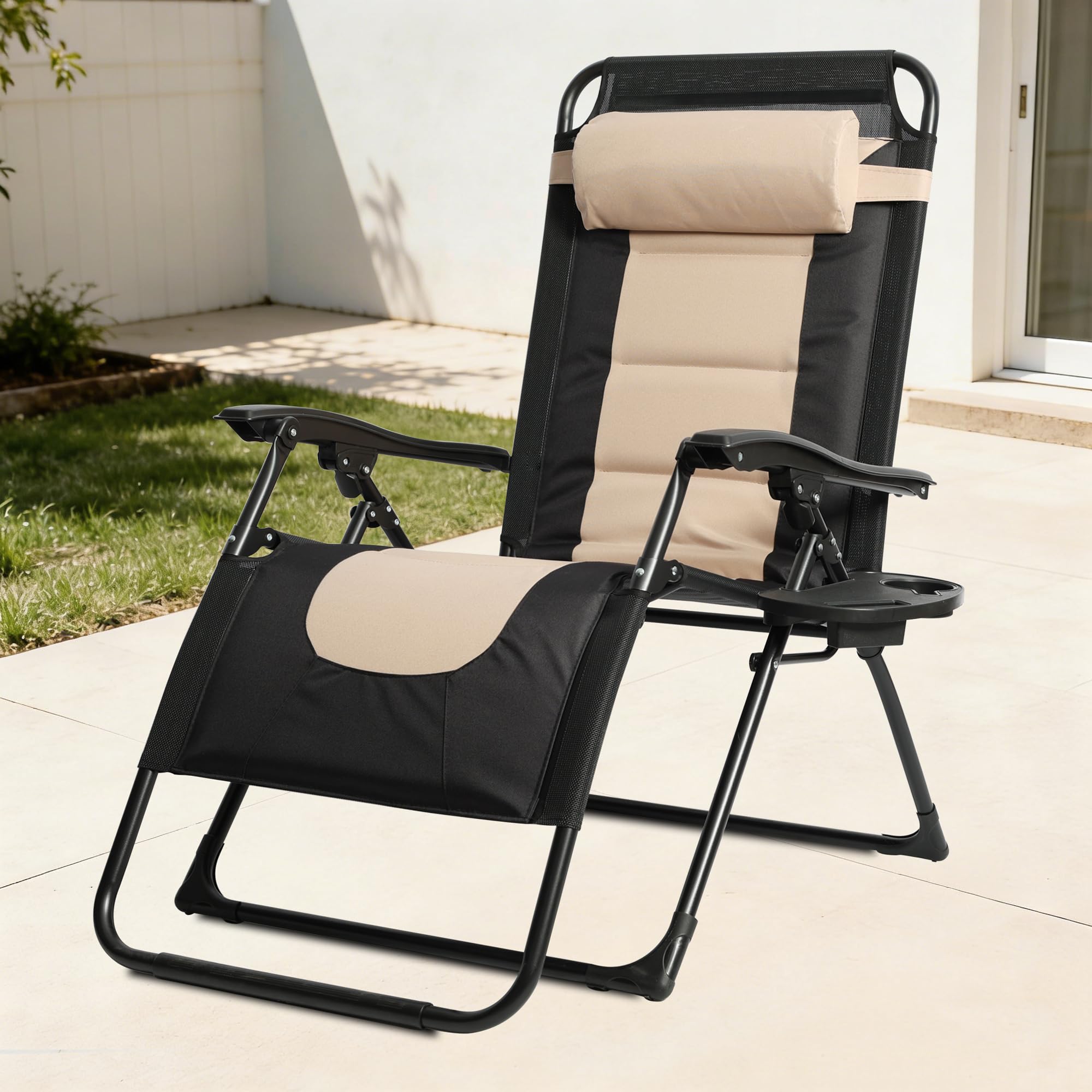 Liegestuhl Garten Klappbar Sonnenliege Wetterfest bis 150kg, Gartenliege mit Kopfkissen & Getränkehalter, Outdoor Liege Verstellbare Relaxliege, Liegestuhl Balkon für Pool Terrasse (Khaki)
