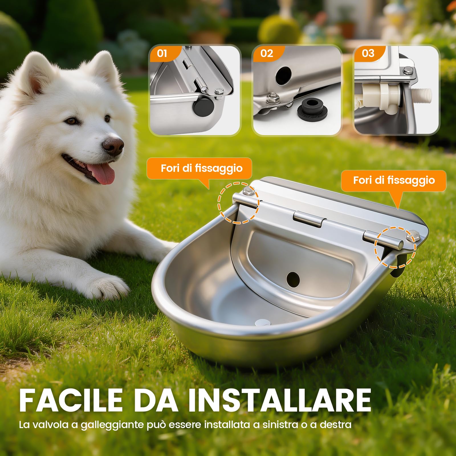 Abbeveratoio Automatico per Cani con Valvola a Galleggiante Regolabile a 2 Pezzi, Ciotola per Bestiame in Acciaio Inox con Tappo di Scarico per Bovini, Maiali, Pecore e Cani