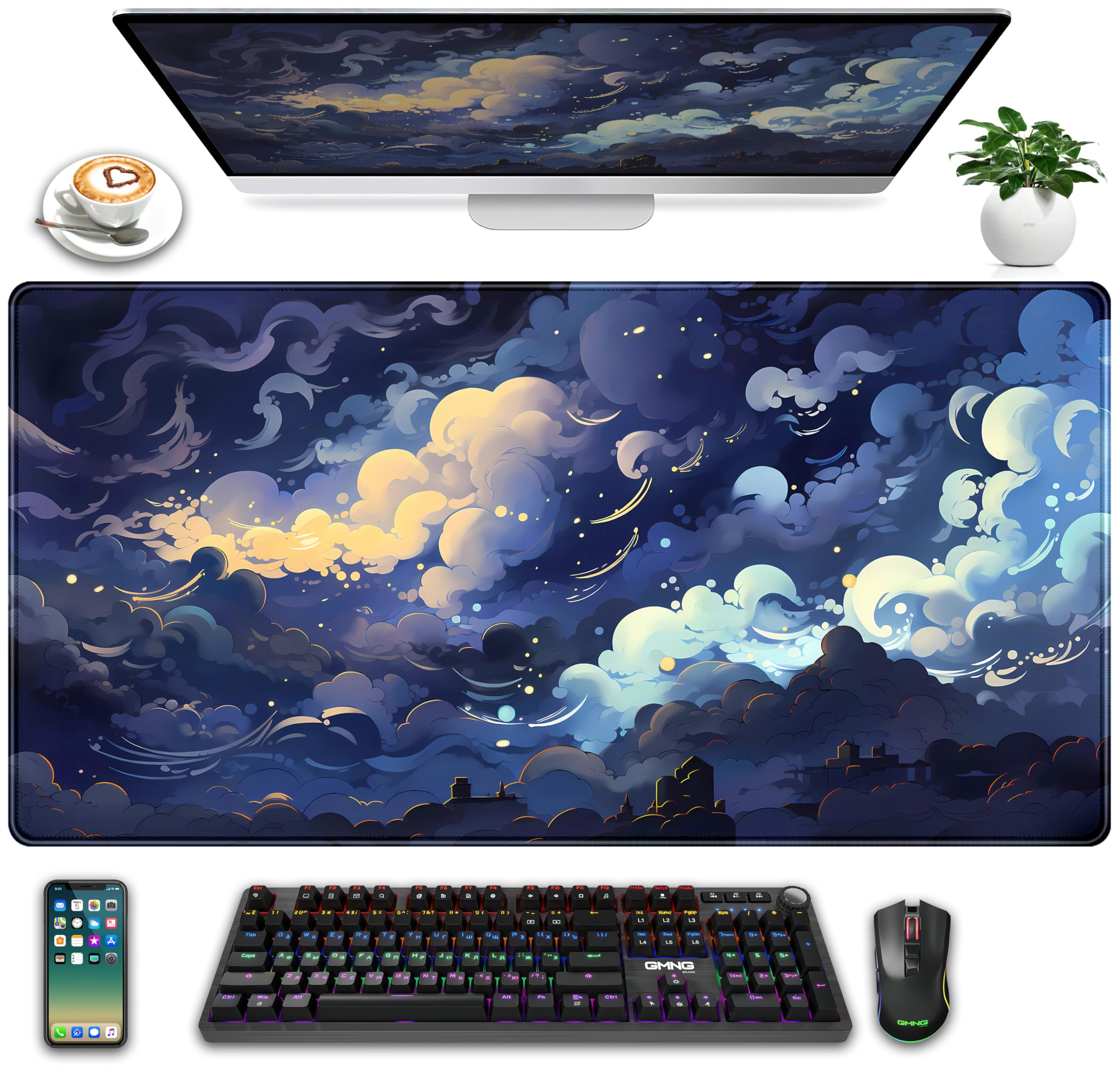 Blue Clouds Desk Mat Large XXL Gaming Mouse Pad Non-Slip Rubber Base Mousepad, Cool Office Desktop Decor Desk Pad, Computer Laptop Keyboard and Mouse