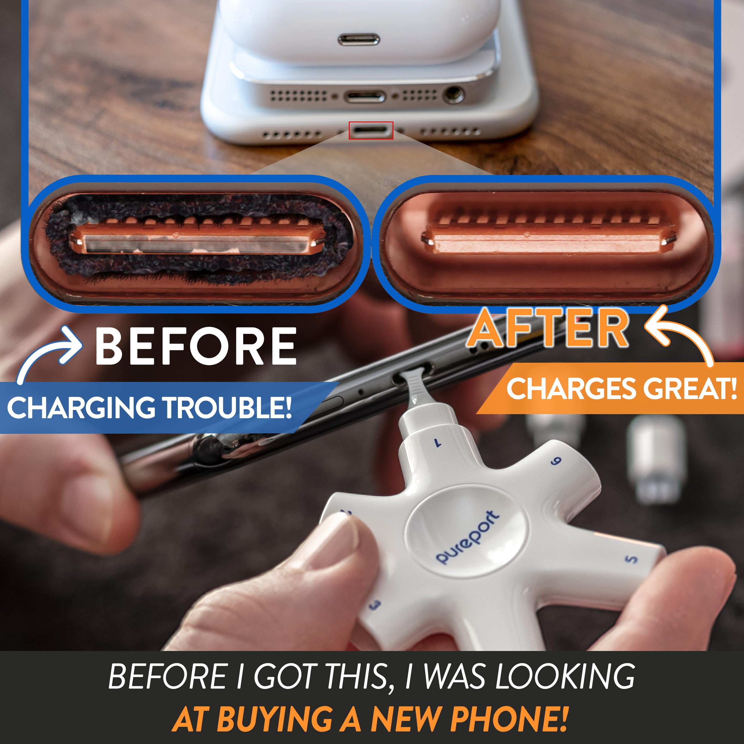 Pureport - Kit de limpieza para iPhone, la herramienta original de limpieza de teléfono, compatible con iPhone y iPad, reparación y restauración de puertos de carga, cables USB-C y conectores, como se