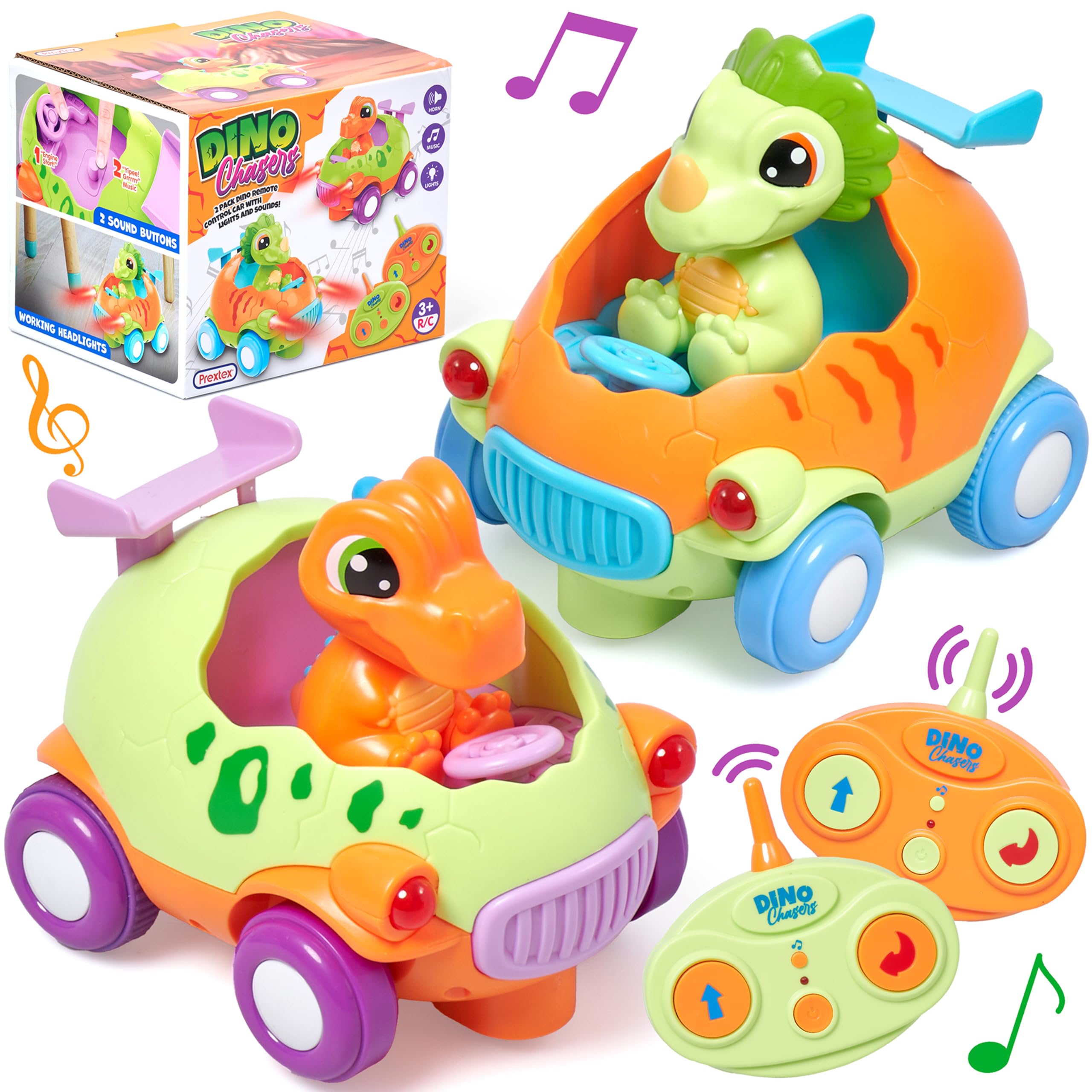 PREXTEXDino Remote Control Car - Cartoon Style Dinosaur Remote Car with Music and Lighting - Disassemblable and Assemblable - Forward and Rotational Movement - Plastic - Multi-Color