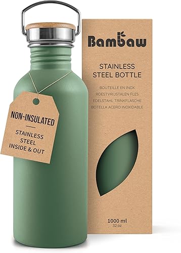 Miniatura 19 de Botella de agua de acero inoxidable Bambaw, botella deportiva negra, botella de agua no aislada, 1L de acero inoxidable, botella reutilizable, Negro