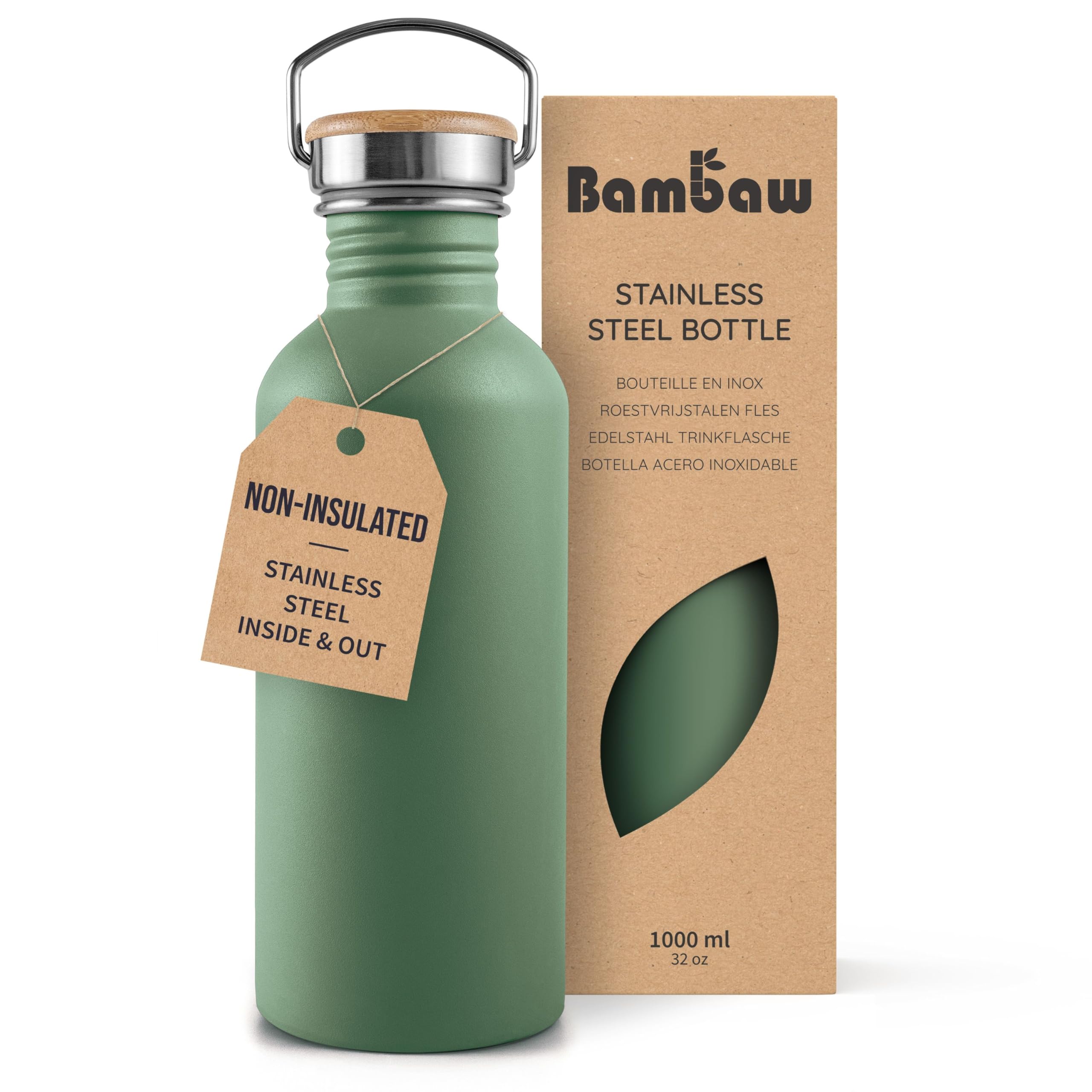 Bambaw Sage Green Stainless Steel 1L Non-Insulated Water Bottle - Bpa Free, Leakproof, Reusable