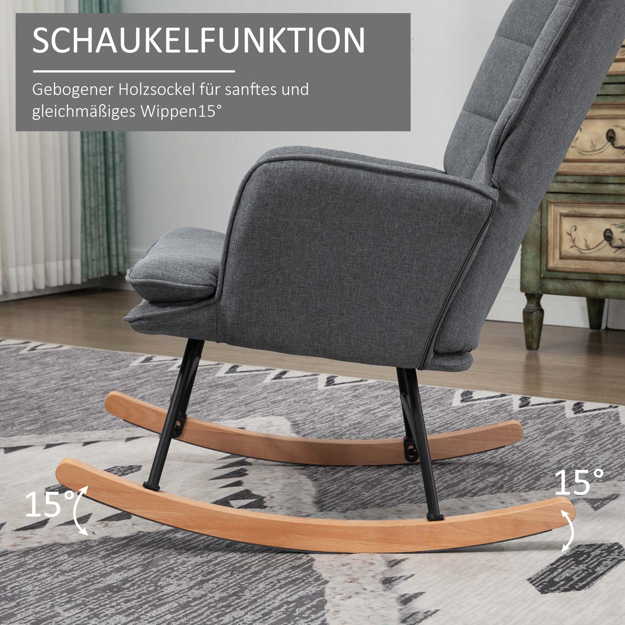 HOMCOM Schaukelstuhl Schwingsessel mit Hocker, Armlehnsessel, Sessel mit Leinenoptik, Schaukelsessel bis 130 kg Belastbarkeit für Schlafzimmer, Wohnzimmer, Grau