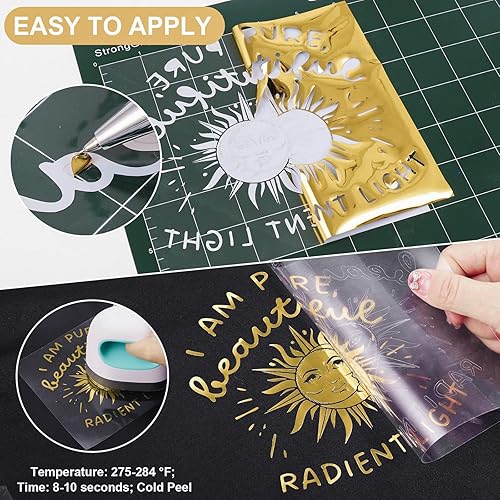 Miniatura 5 de VINYL FROG Rollo de vinilo metálico HTV de 12 pulgadas x 12 pies, vinilo de transferencia de calor cromado dorado, vinilo para planchar, fácil de